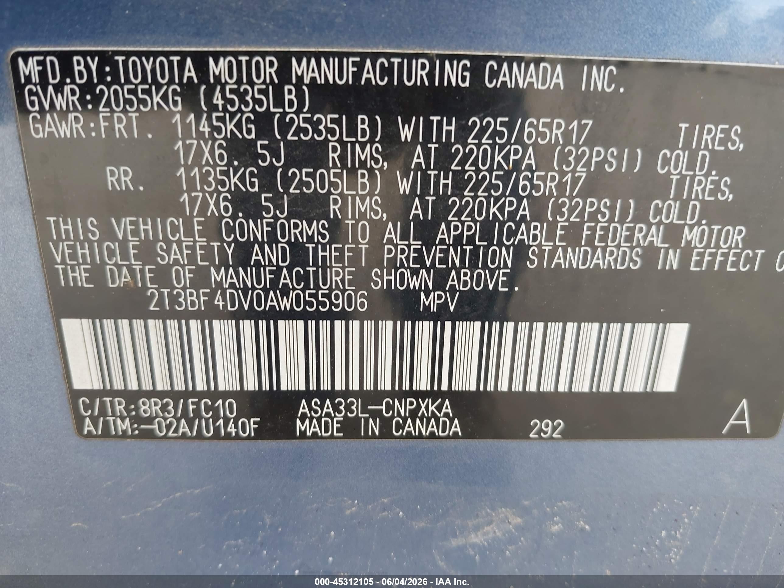 2010 Toyota Rav4   Blue vin: 2T3BF4DV0AW055906