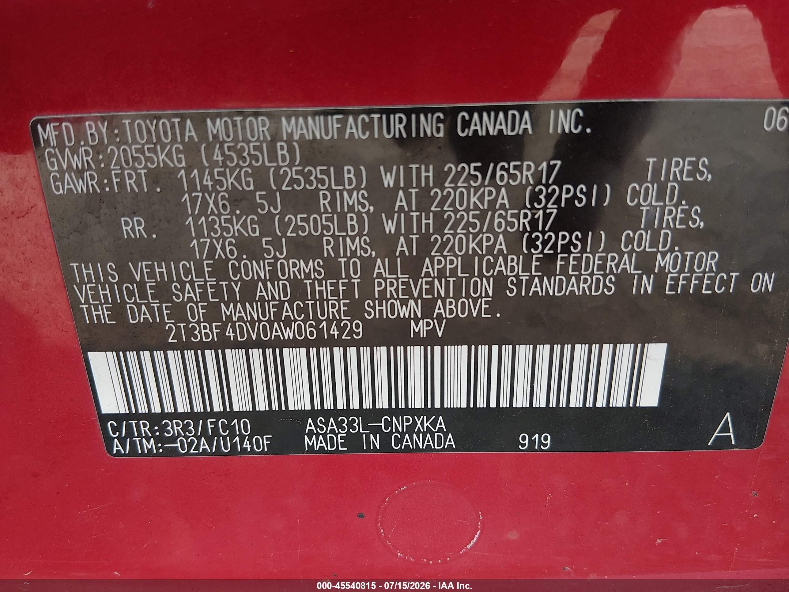 2010 Toyota Rav4   Red vin: 2T3BF4DV0AW061429