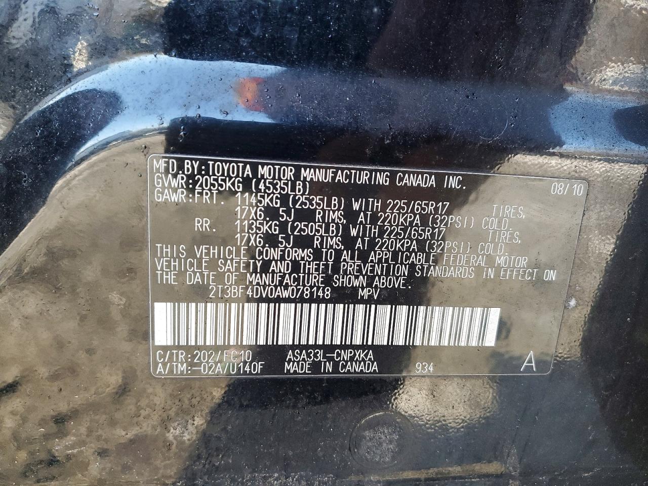 2010 Toyota Rav4 Black vin: 2T3BF4DV0AW078148