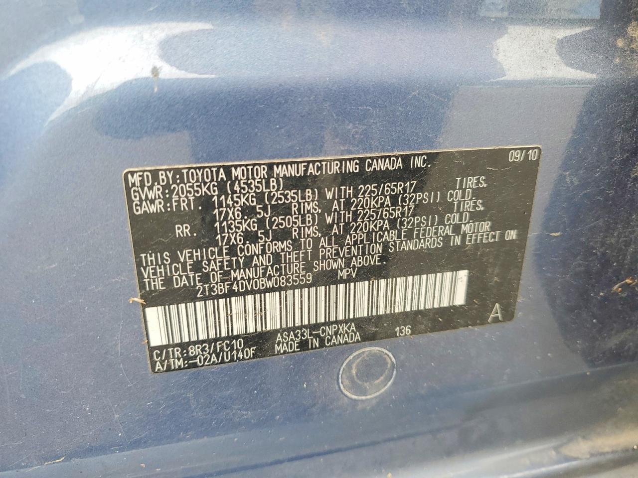 2011 Toyota Rav4 Base Blue vin: 2T3BF4DV0BW083559