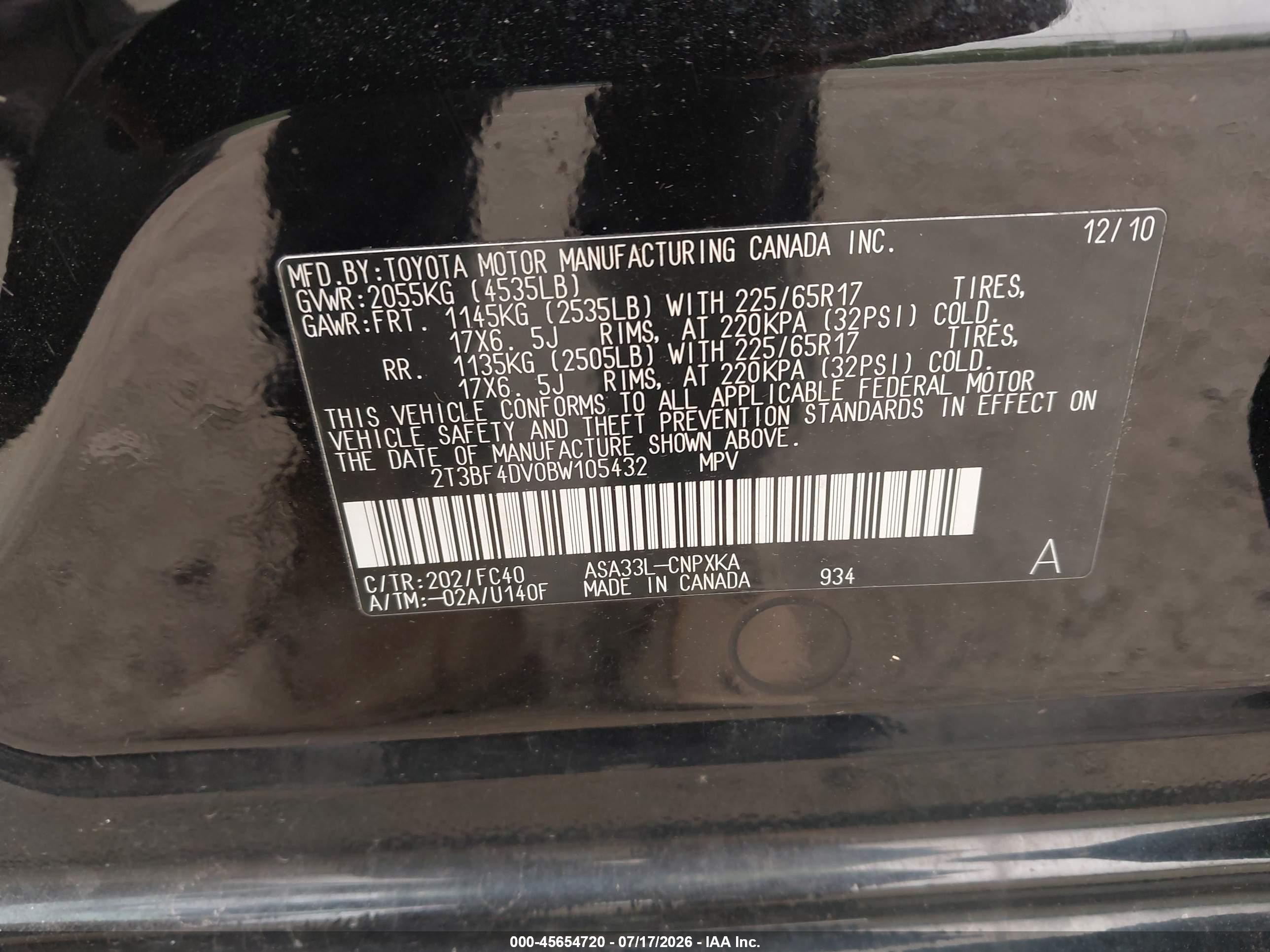 2011 Toyota Rav4   Black vin: 2T3BF4DV0BW105432