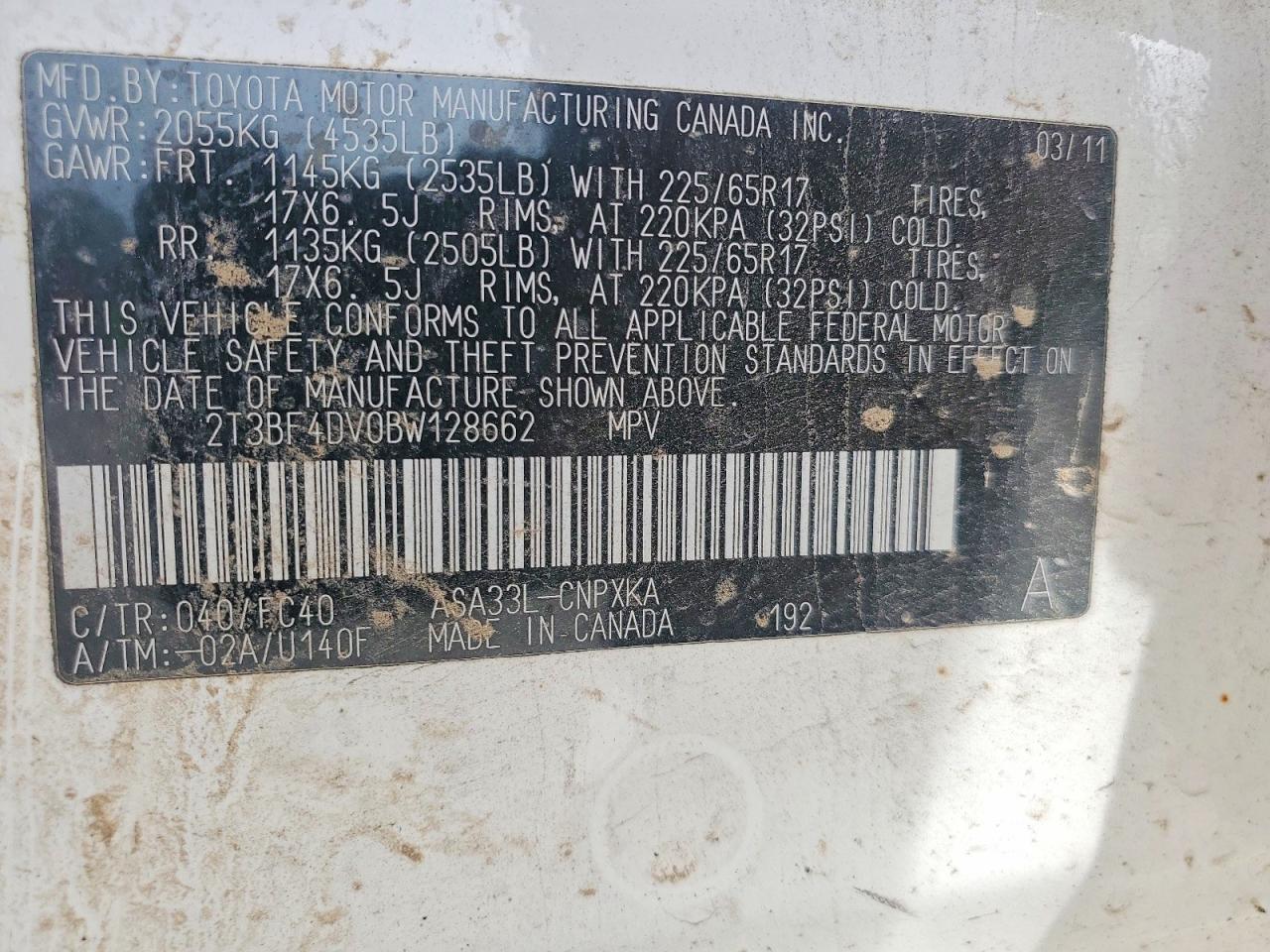 2011 Toyota Rav4 Base Белый vin: 2T3BF4DV0BW128662