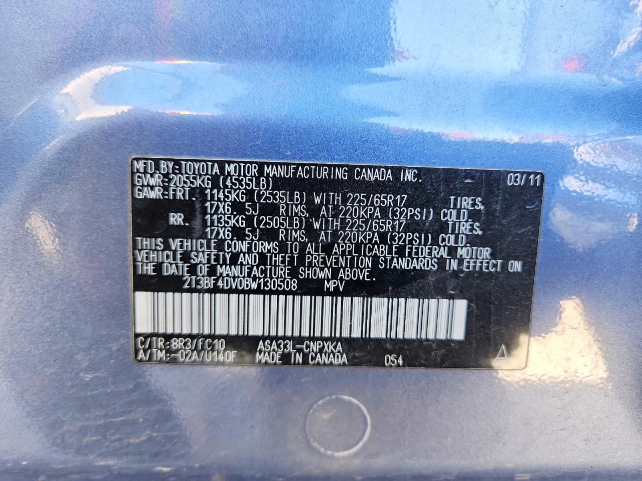 2011 Toyota Rav4 Base Blue vin: 2T3BF4DV0BW130508