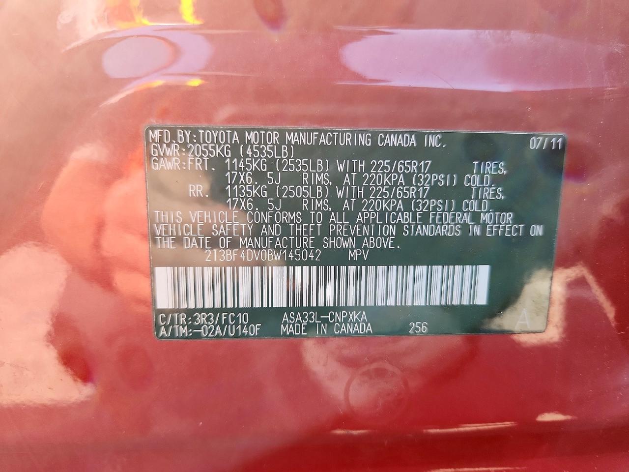 2011 Toyota Rav4 Base Red vin: 2T3BF4DV0BW145042