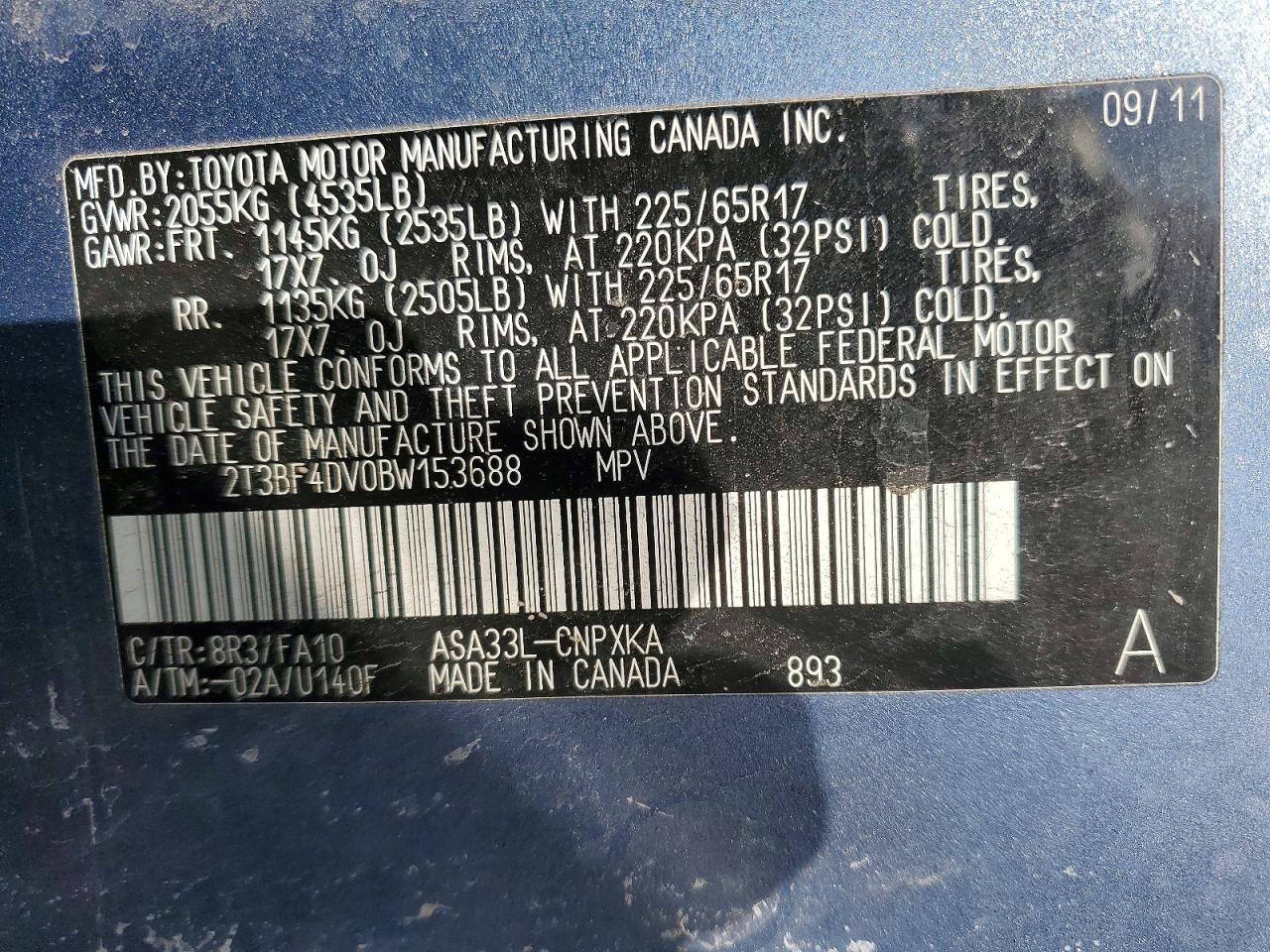 2011 Toyota Rav4 Base Blue vin: 2T3BF4DV0BW153688