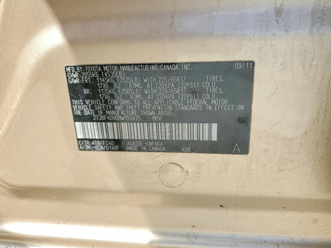 2011 Toyota Rav4 Base Gold vin: 2T3BF4DV0BW155425