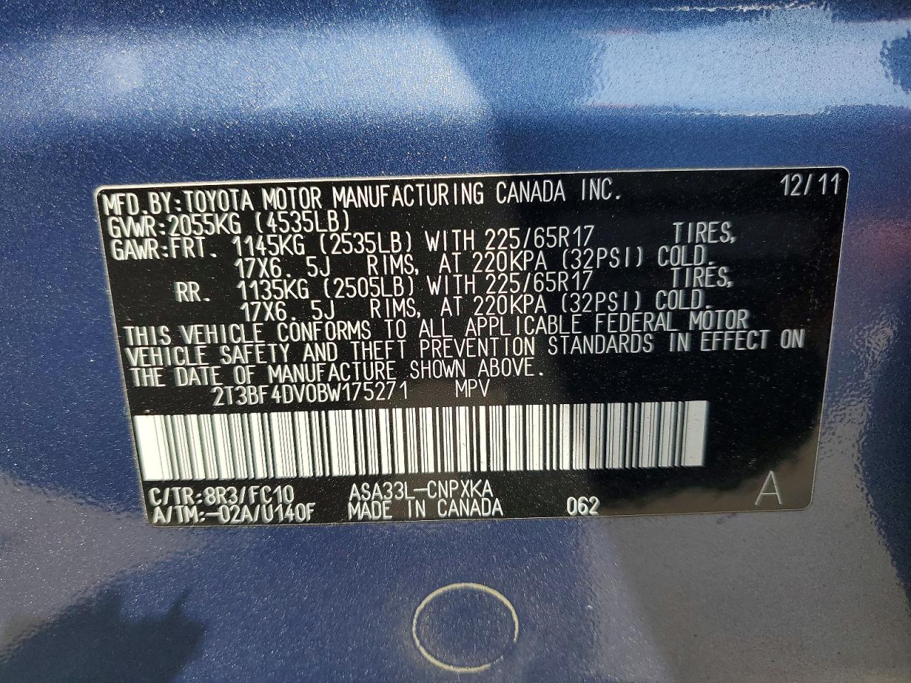 2011 Toyota Rav4 Base Blue vin: 2T3BF4DV0BW175271