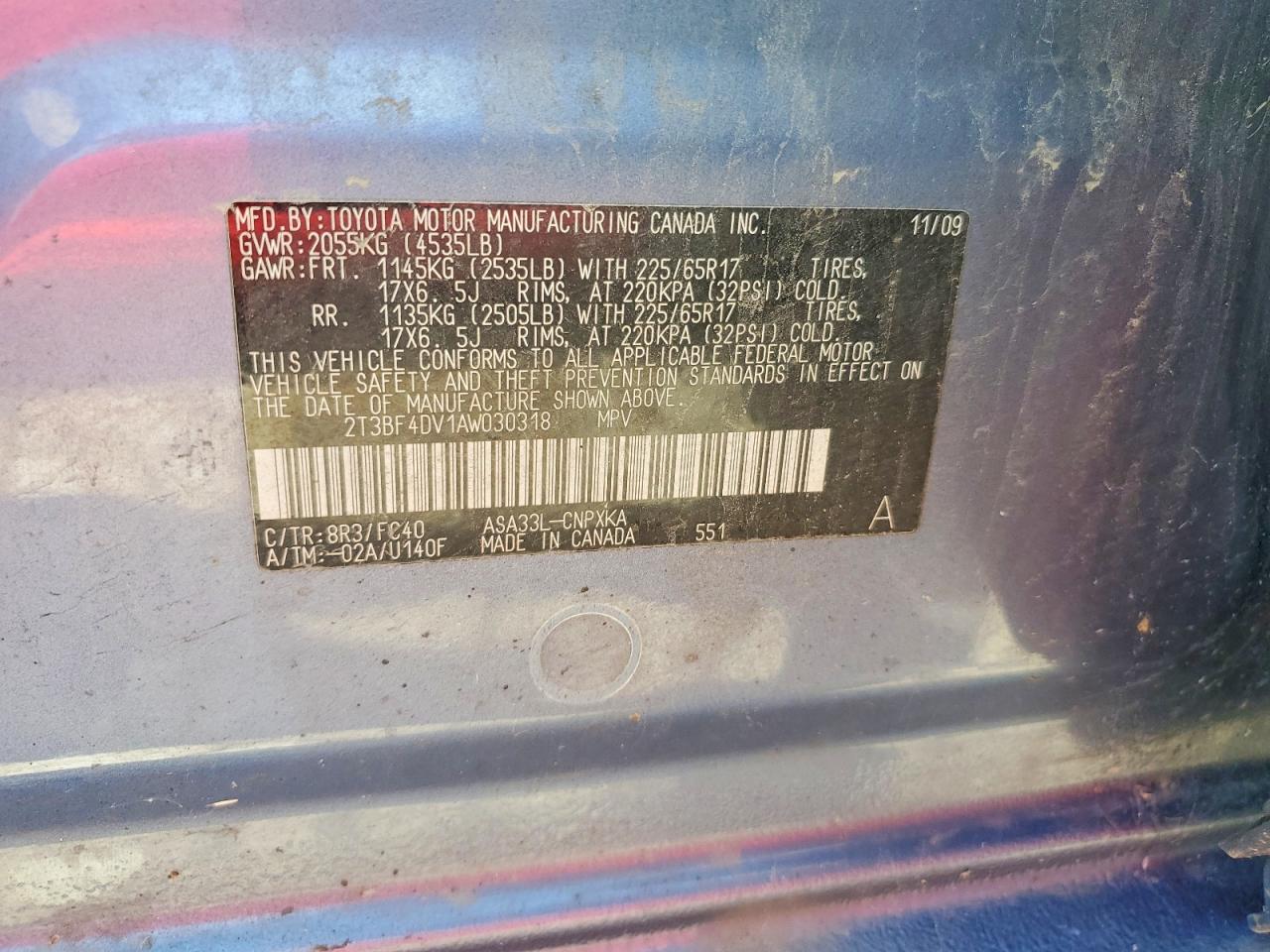 2010 Toyota Rav4 Base Blue vin: 2T3BF4DV1AW030318