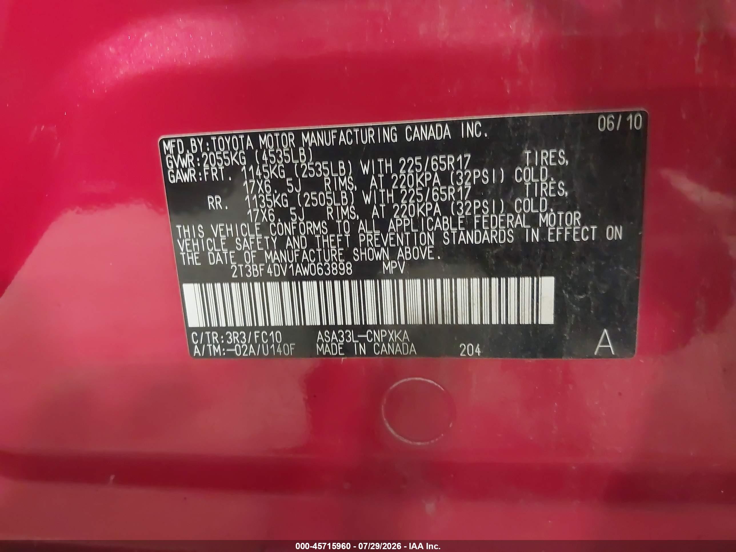 2010 Toyota Rav4   Red vin: 2T3BF4DV1AW063898