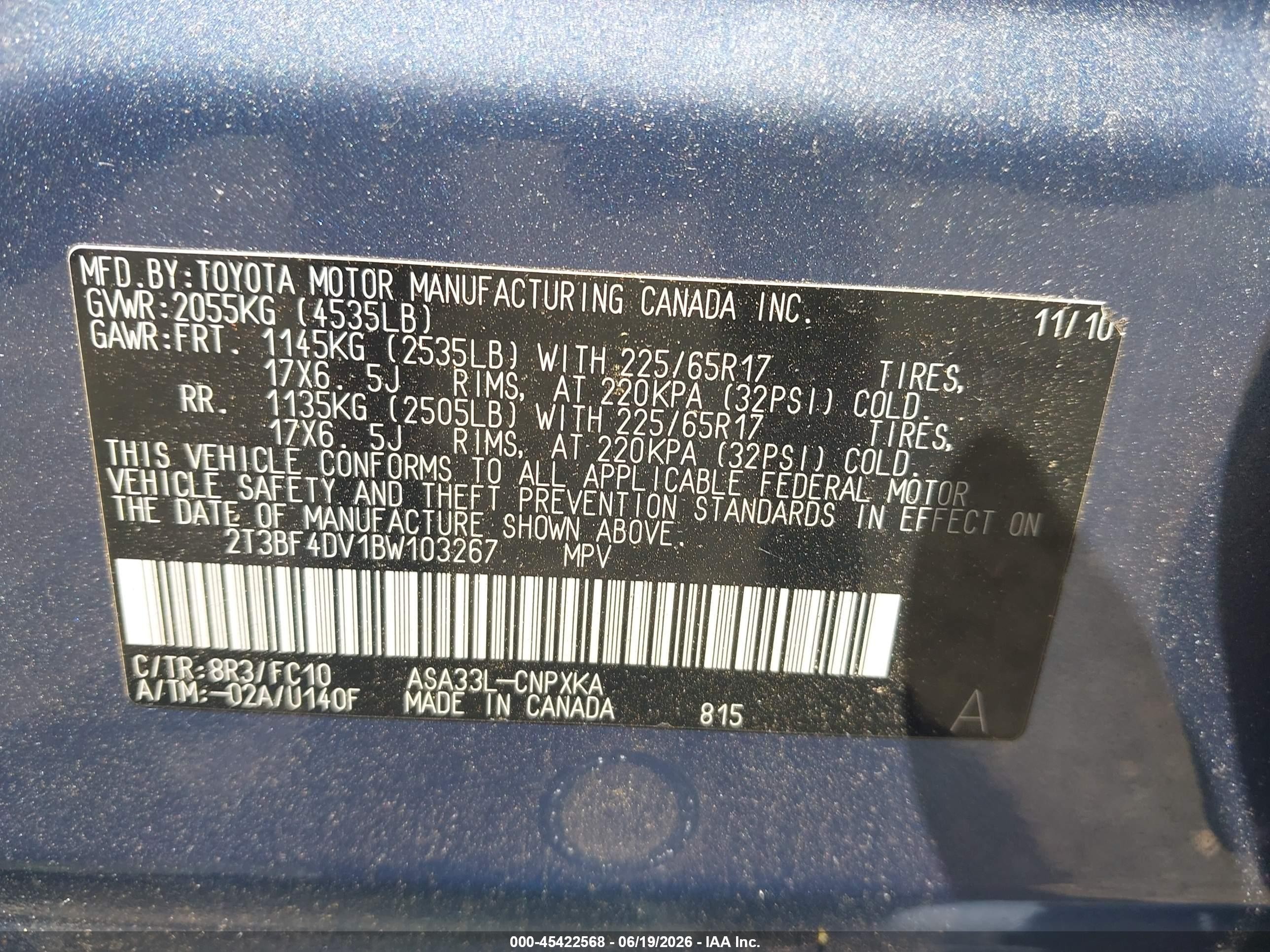 2011 Toyota Rav4   Light Blue vin: 2T3BF4DV1BW103267
