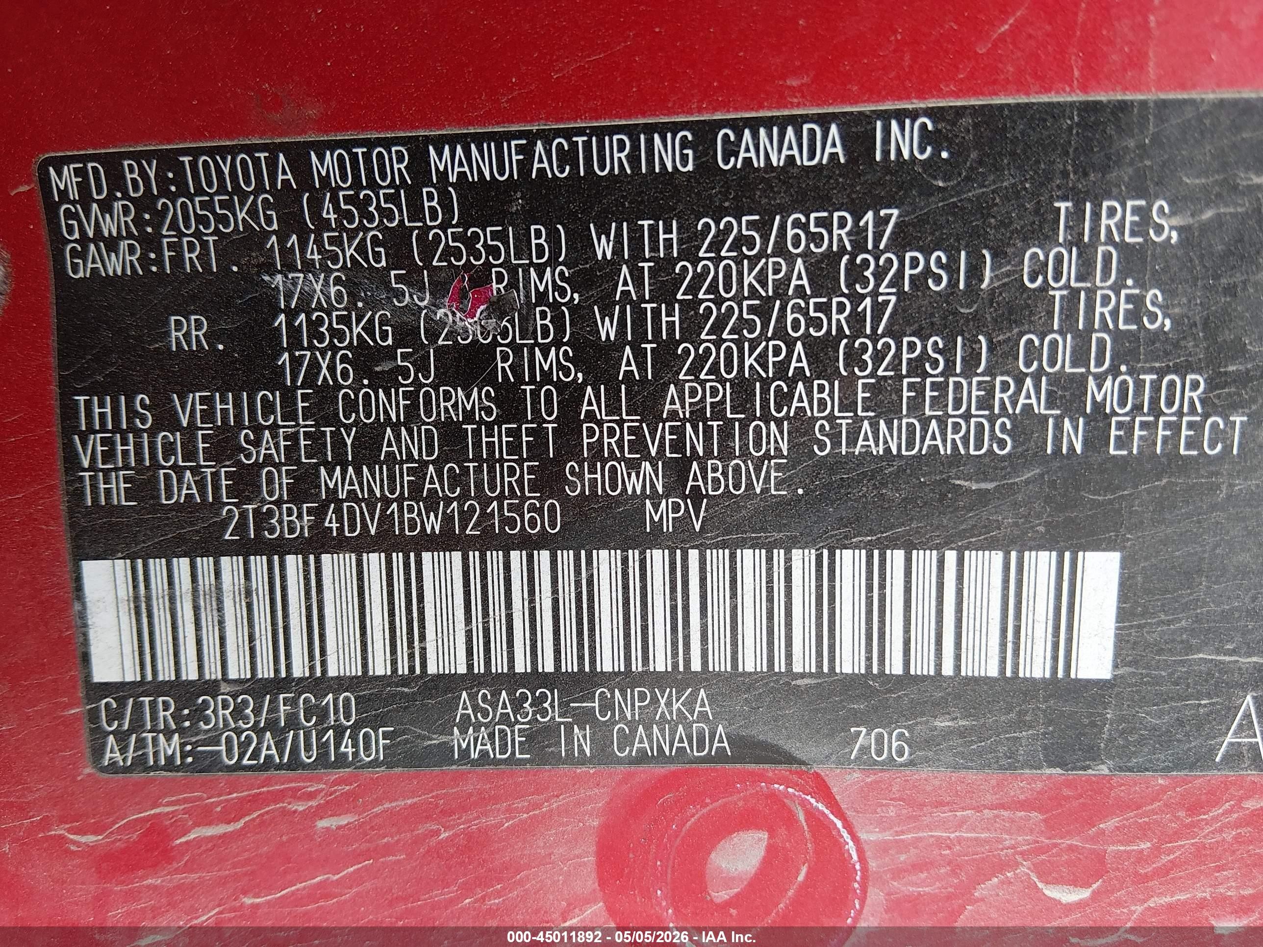 2011 Toyota Rav4   Красный vin: 2T3BF4DV1BW121560