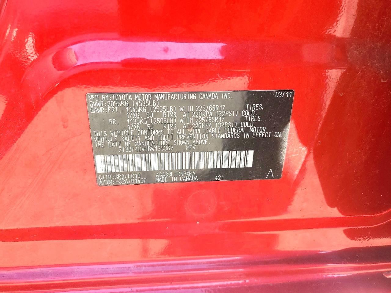 2011 Toyota Rav4 Base Red vin: 2T3BF4DV1BW135362