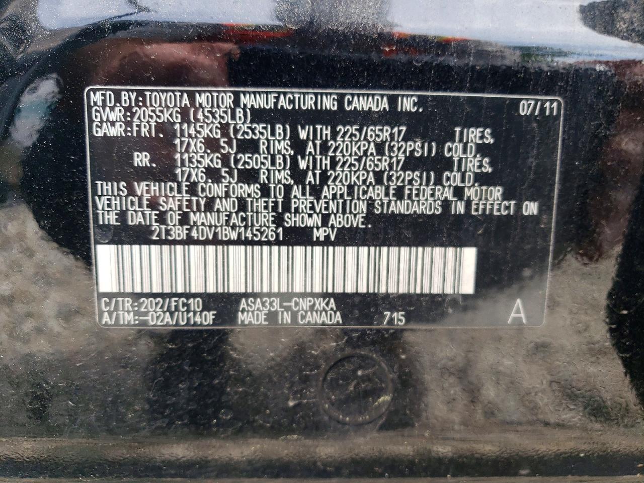 2011 Toyota Rav4 Base Black vin: 2T3BF4DV1BW145261