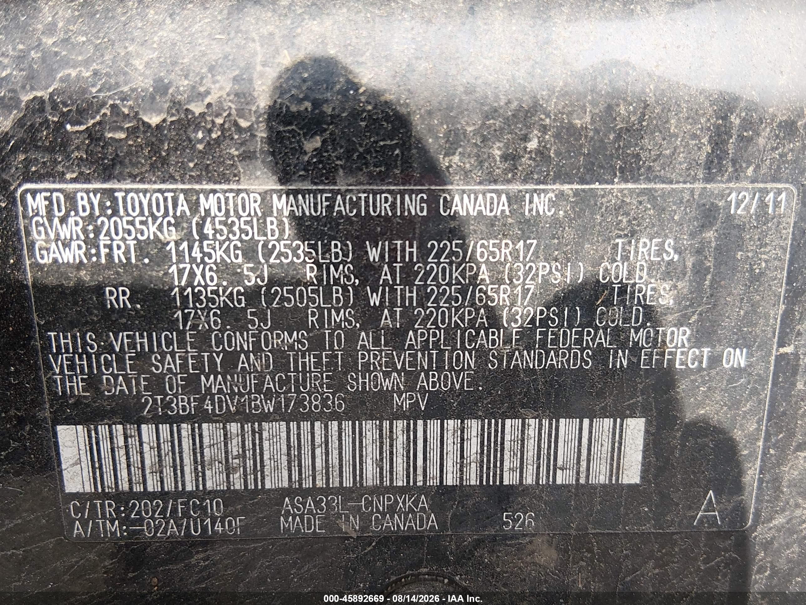 2011 Toyota Rav4   Черный vin: 2T3BF4DV1BW173836