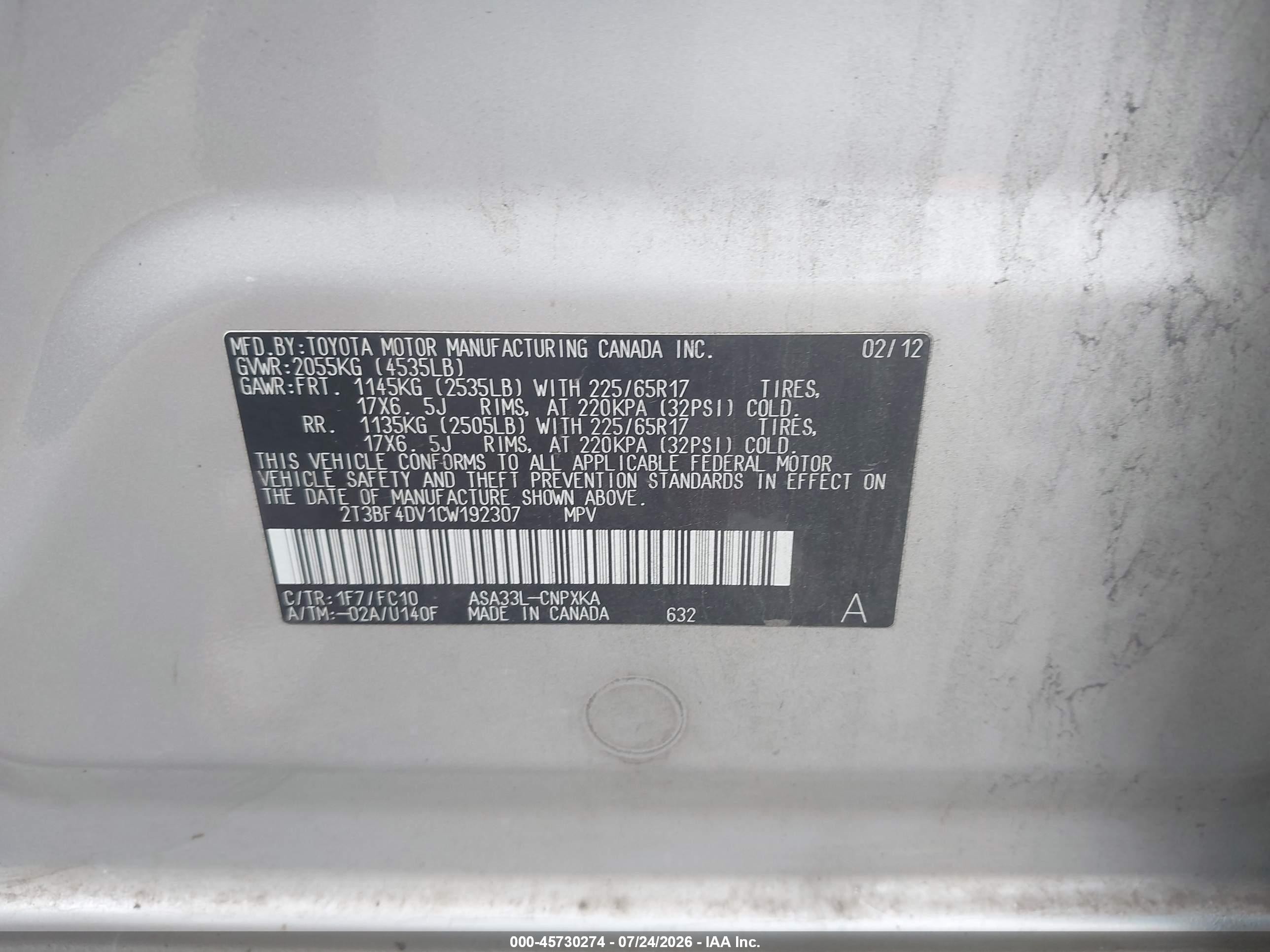 2012 Toyota Rav4   Серебряный vin: 2T3BF4DV1CW192307