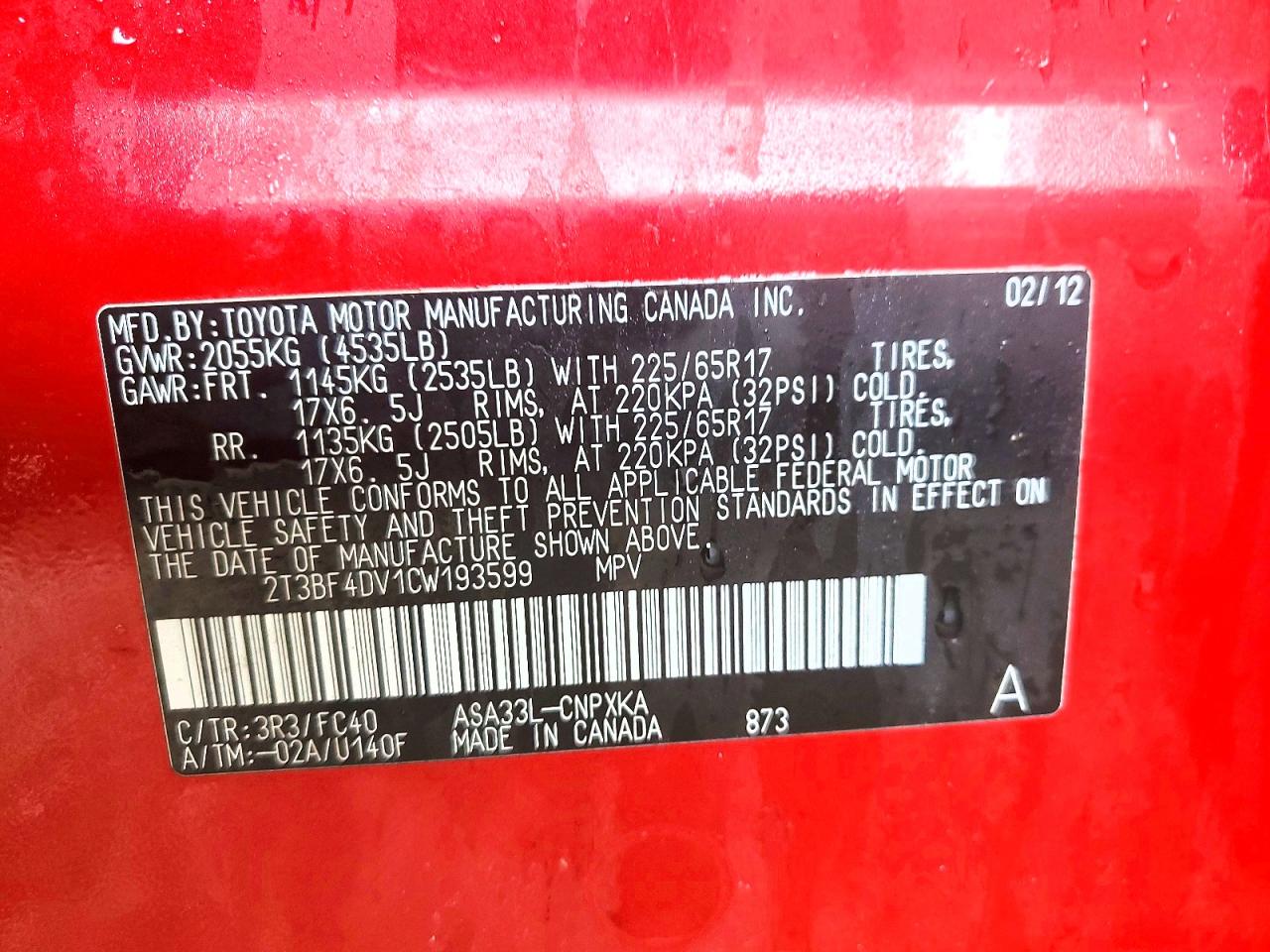 2012 Toyota Rav4 Base Red vin: 2T3BF4DV1CW193599
