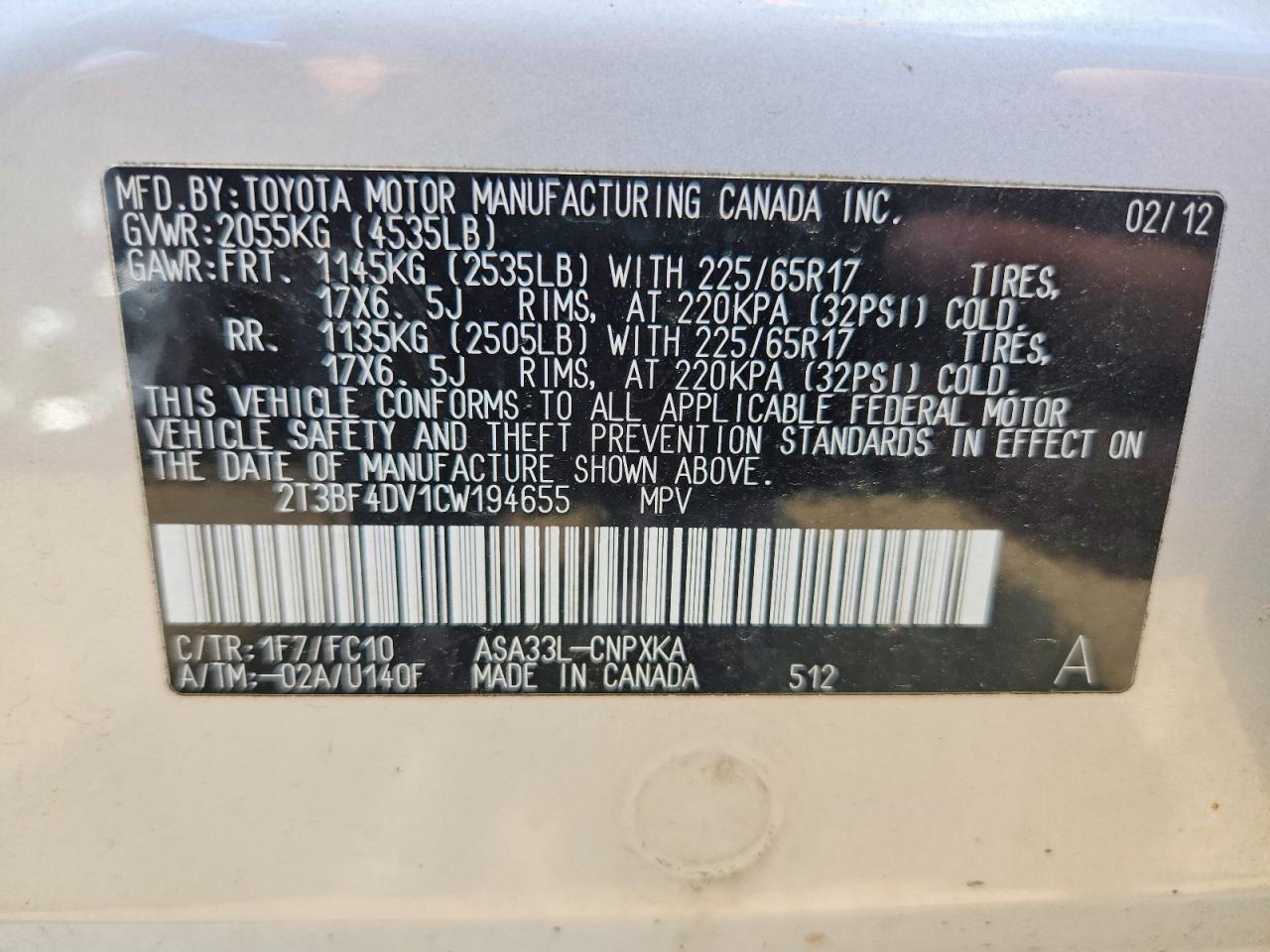 2012 Toyota Rav4 Base Silver vin: 2T3BF4DV1CW194655