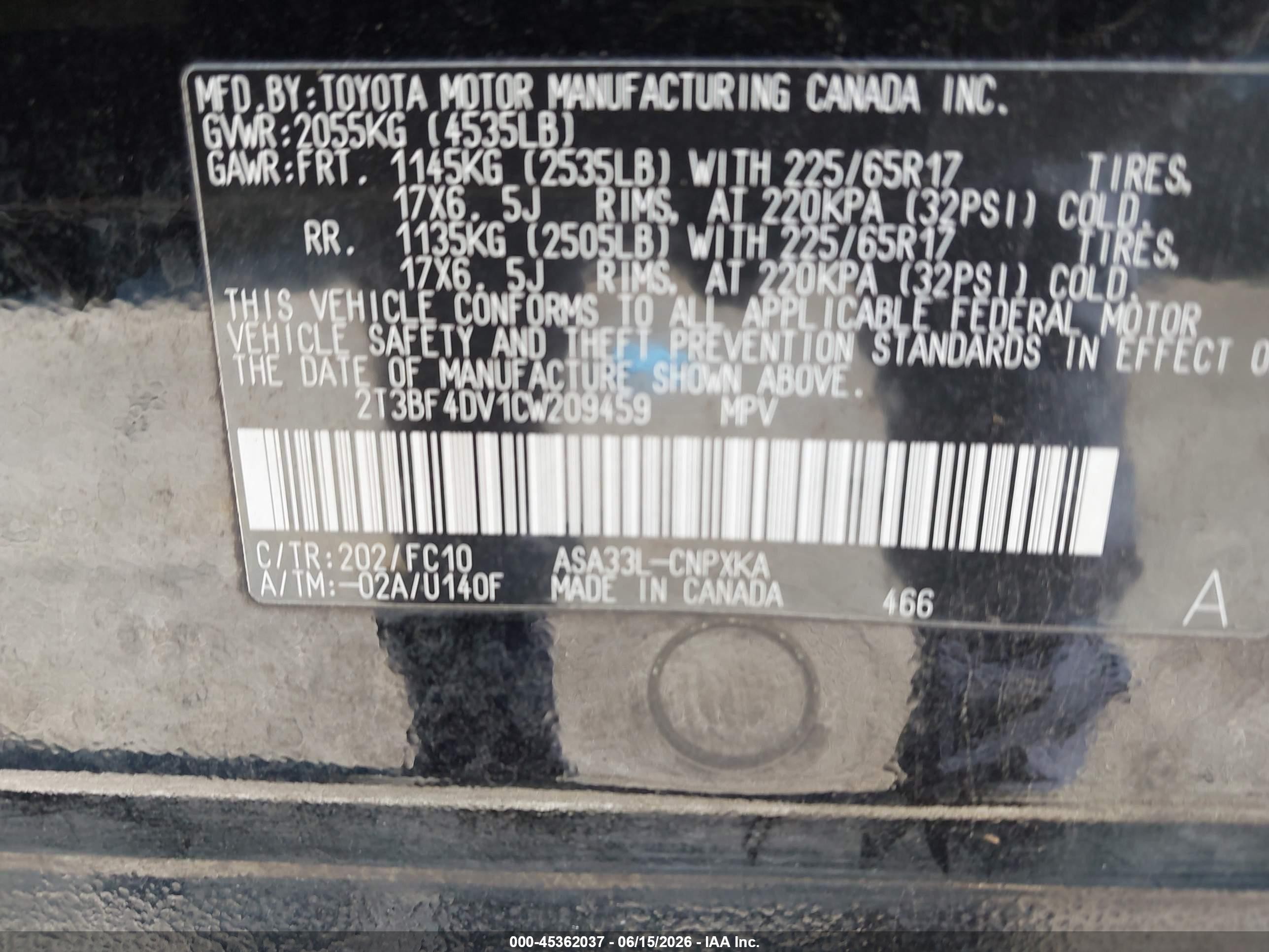 2012 Toyota Rav4 Black vin: 2T3BF4DV1CW209459