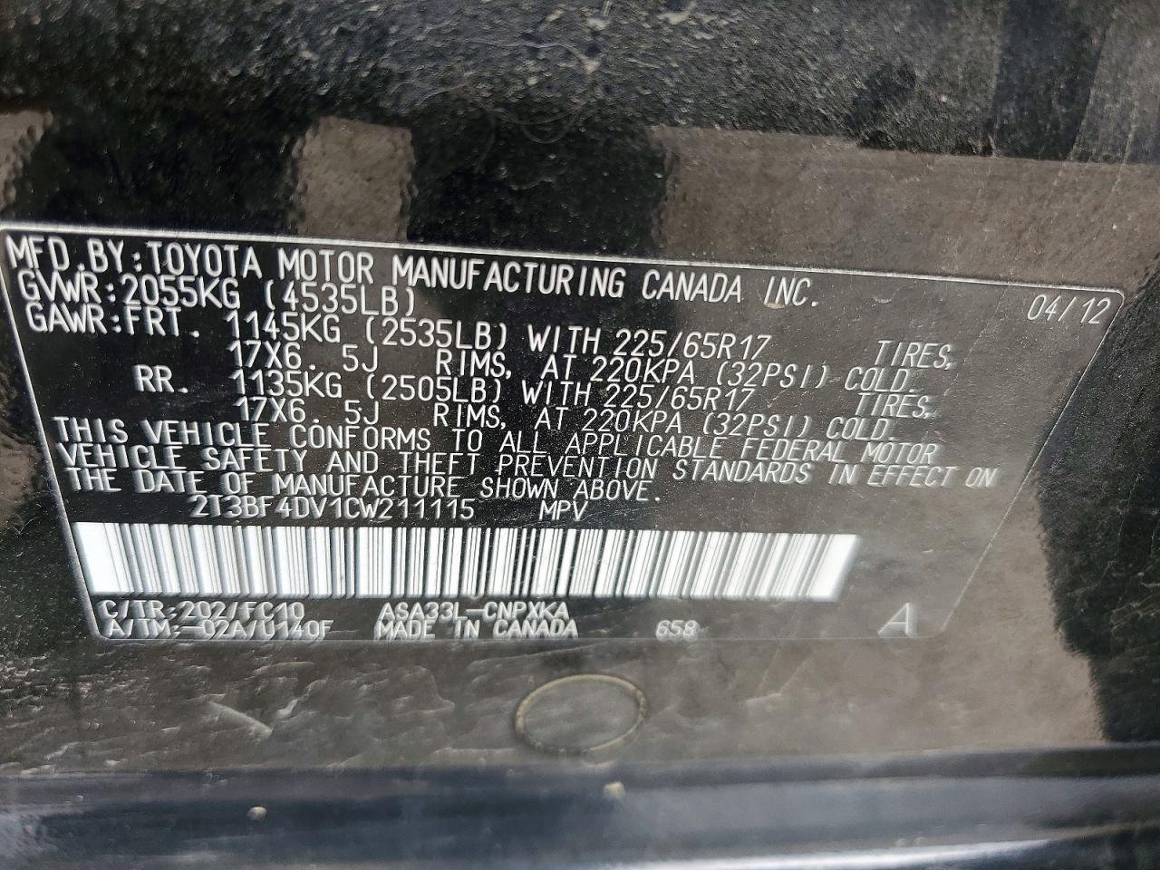 2012 Toyota Rav4 Base Black vin: 2T3BF4DV1CW211115