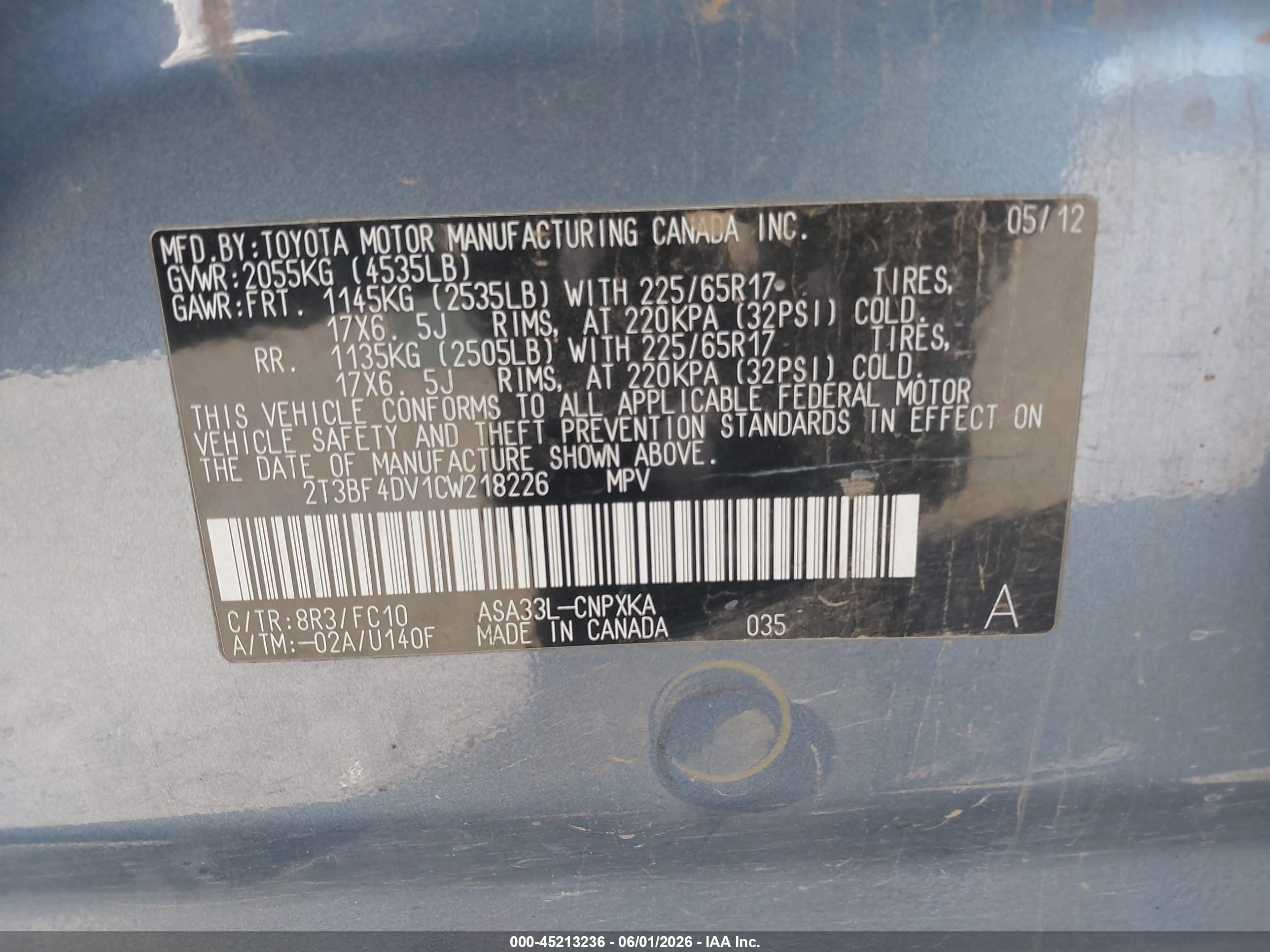 2012 Toyota Rav4   Light Blue vin: 2T3BF4DV1CW218226