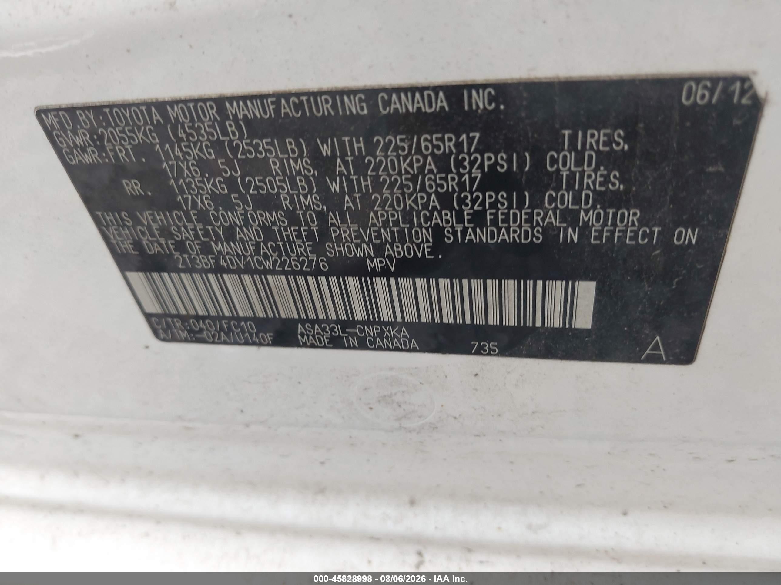2012 Toyota Rav4   White vin: 2T3BF4DV1CW226276