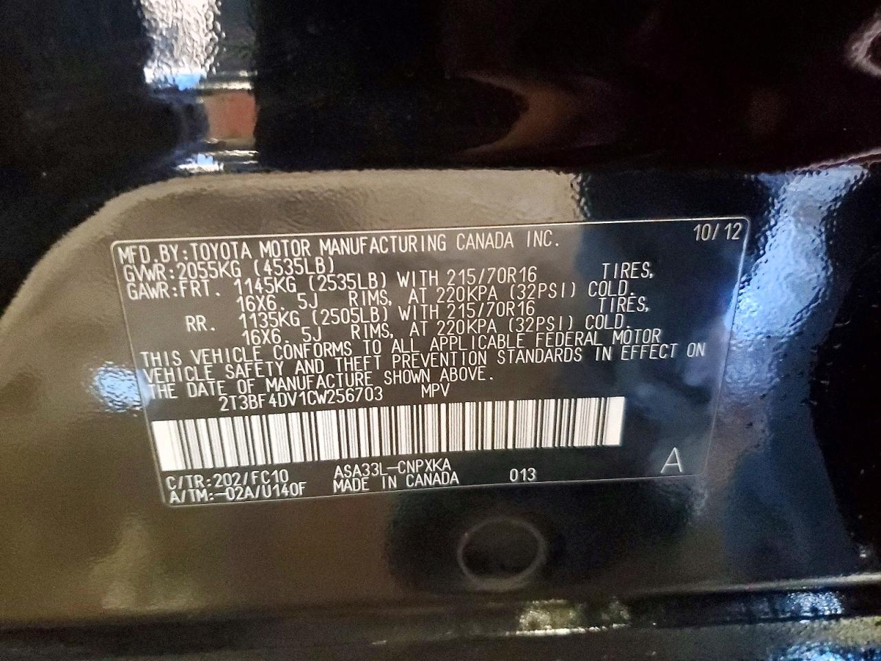 2012 Toyota Rav4 Base Black vin: 2T3BF4DV1CW256703