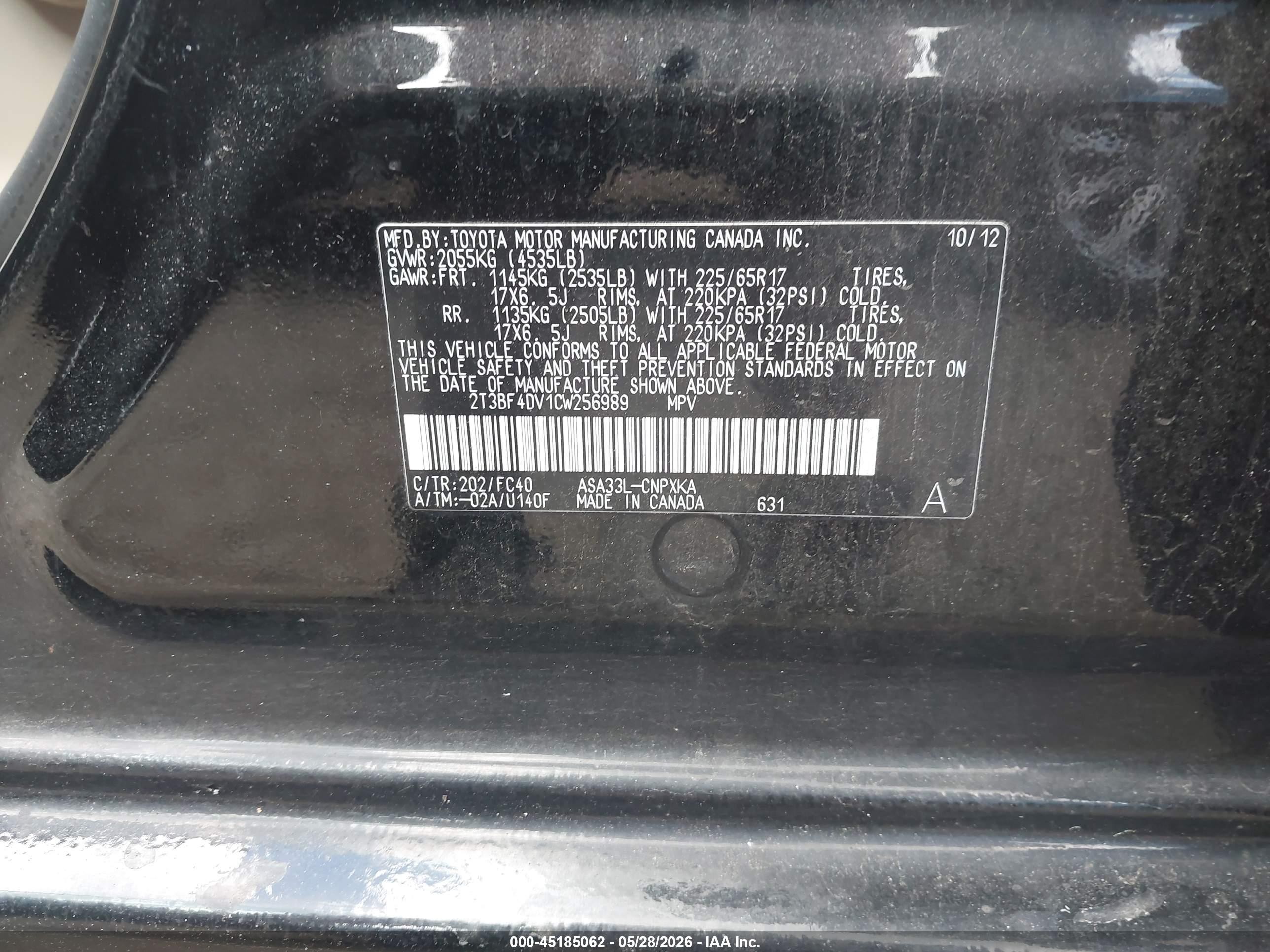 2012 Toyota Rav4   Black vin: 2T3BF4DV1CW256989