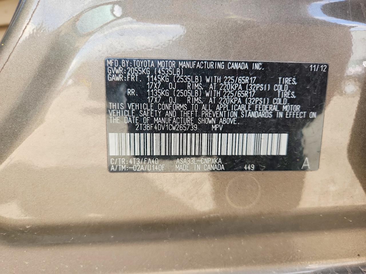 2012 Toyota Rav4 Base Tan vin: 2T3BF4DV1CW265739