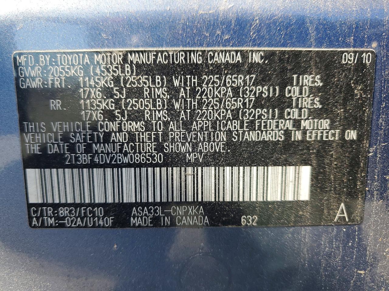 2011 Toyt Rav4 Blue vin: 2T3BF4DV2BW086530