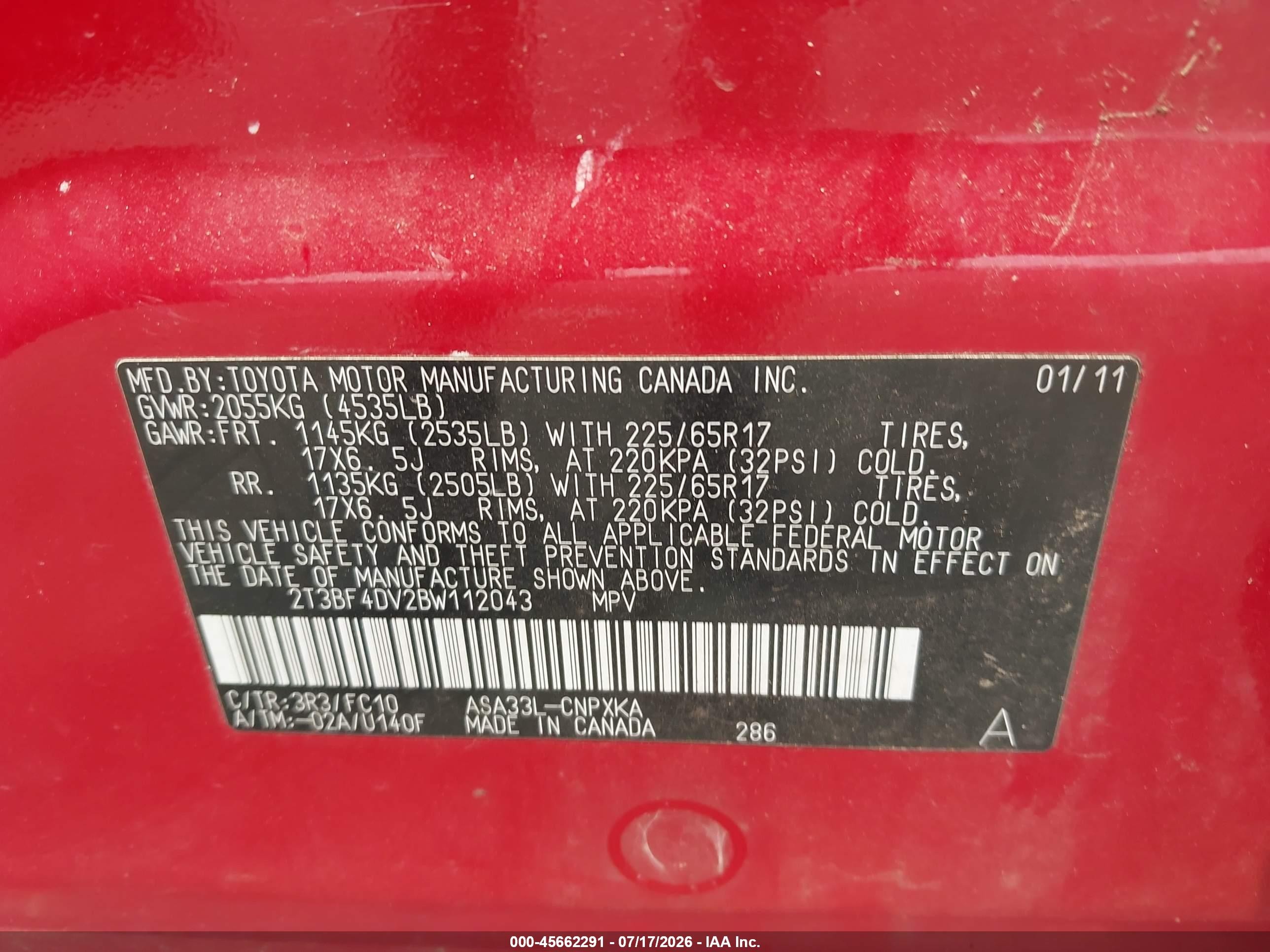 2011 Toyota Rav4   Red vin: 2T3BF4DV2BW112043