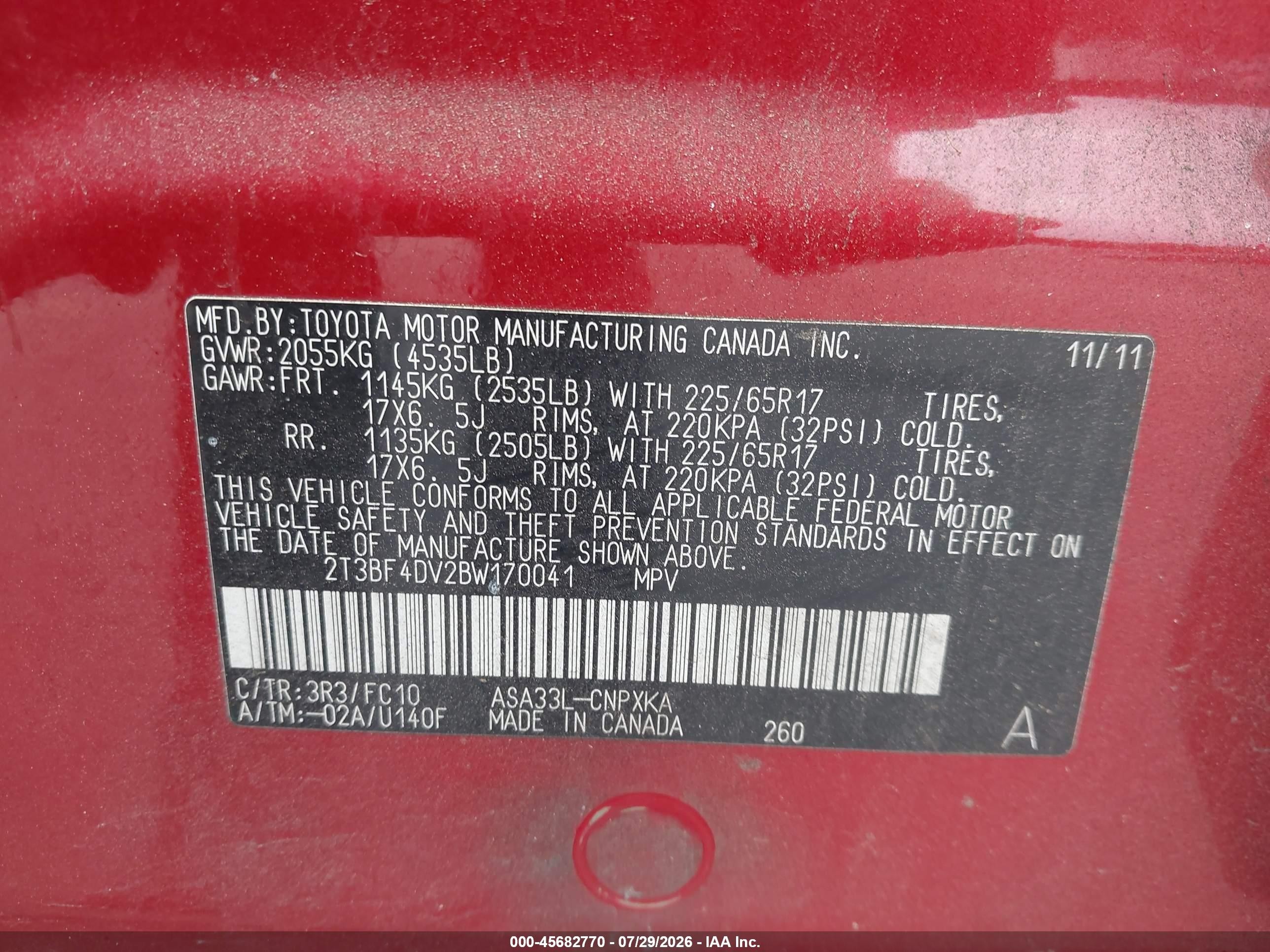 2011 Toyota Rav4   Red vin: 2T3BF4DV2BW170041