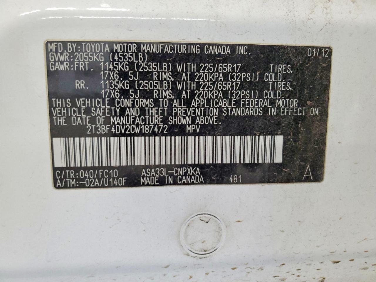 2012 Toyota Rav4 Base White vin: 2T3BF4DV2CW187472