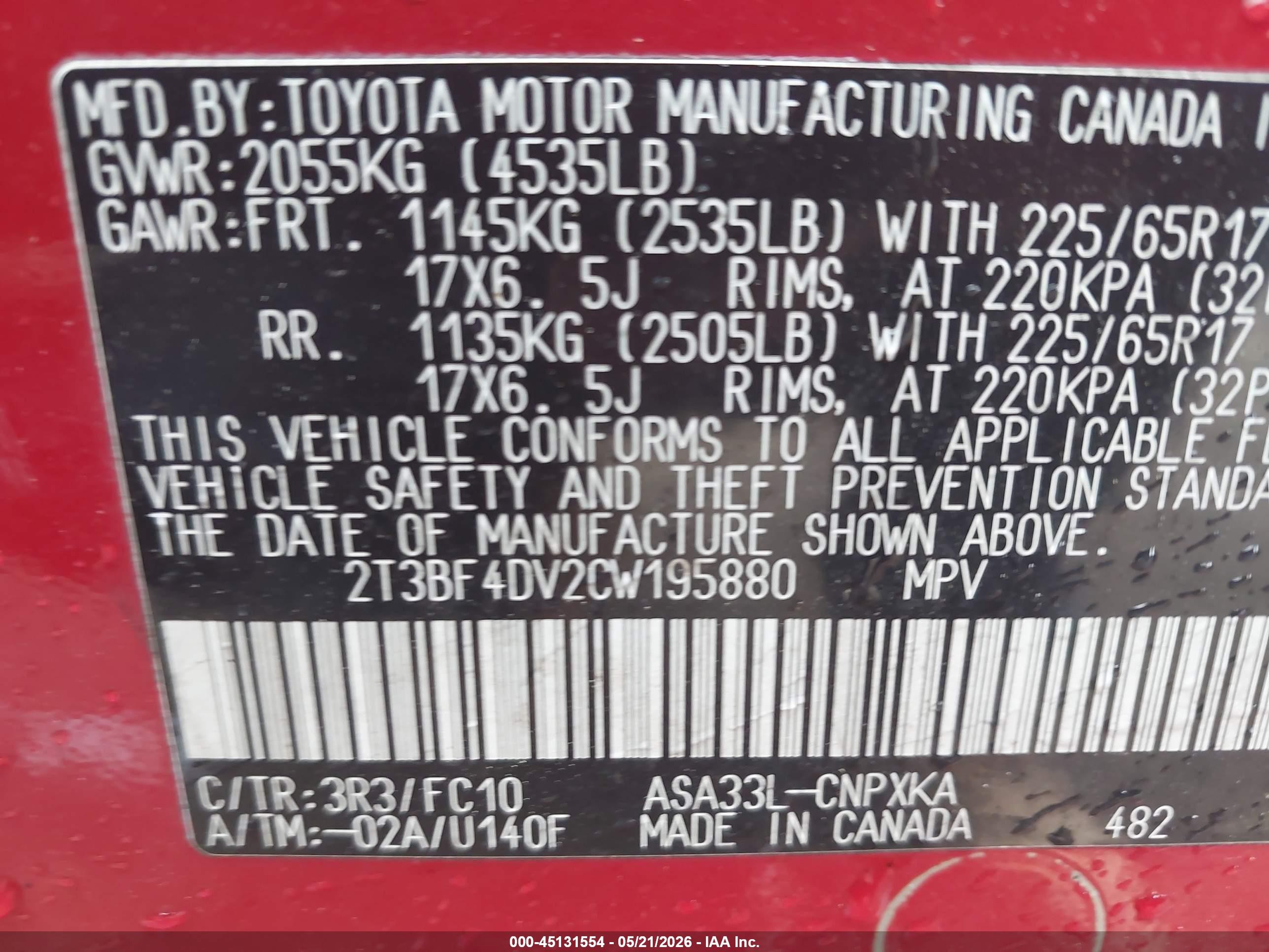 2012 Toyota Rav4   Red vin: 2T3BF4DV2CW195880