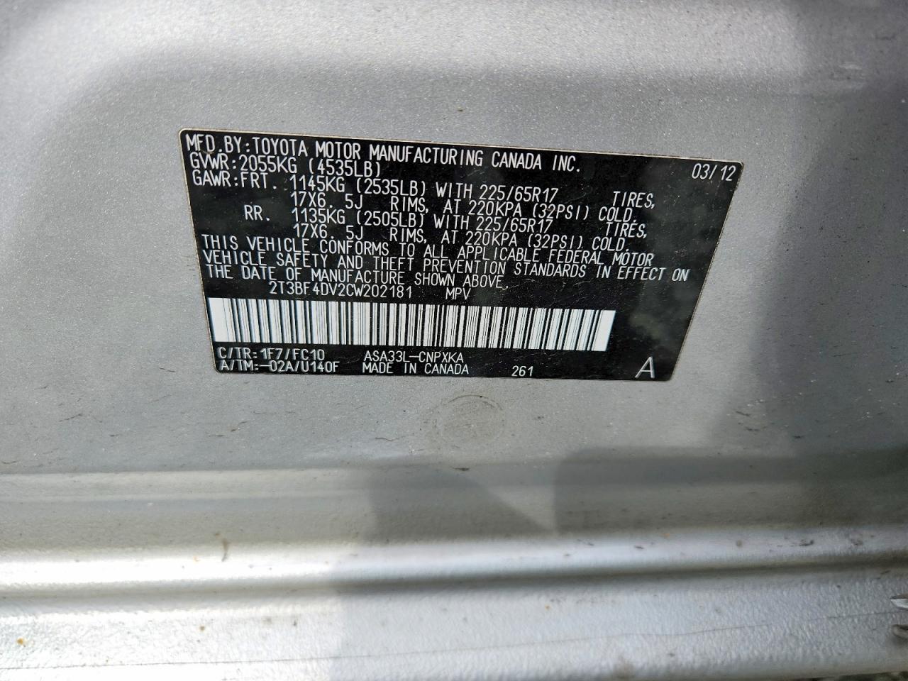 2012 Toyota Rav4 Base Серебряный vin: 2T3BF4DV2CW202181