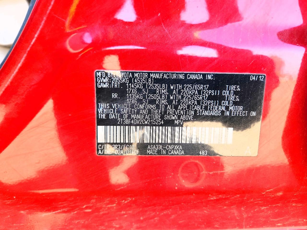 2012 Toyota Rav4 Base Red vin: 2T3BF4DV2CW215254