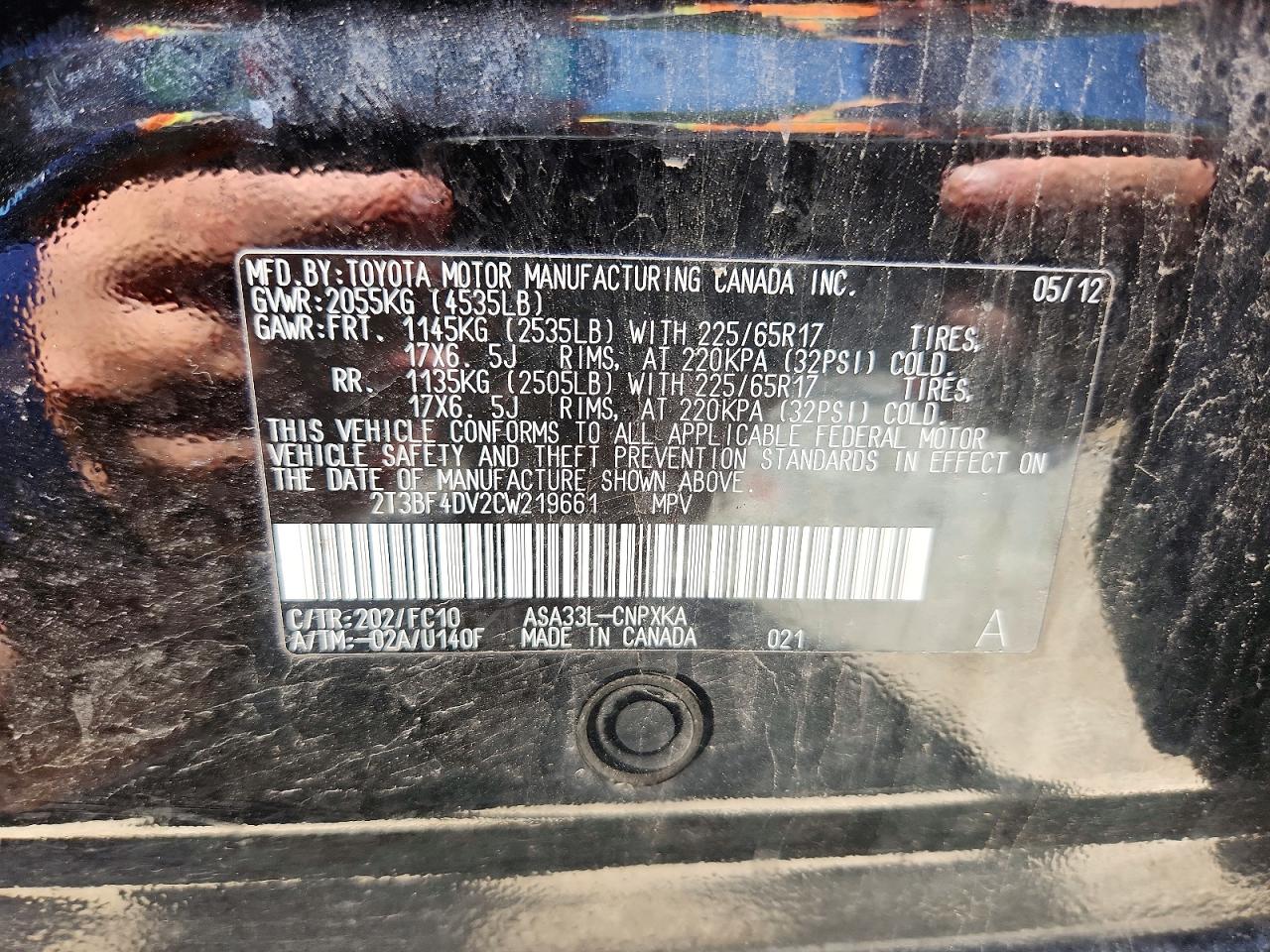 2012 Toyota Rav4 Base Black vin: 2T3BF4DV2CW219661