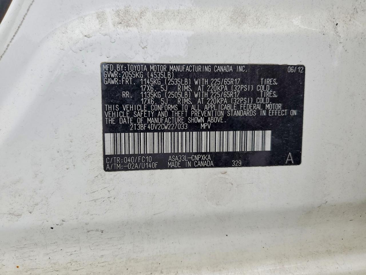 2012 Toyota Rav4 Base White vin: 2T3BF4DV2CW227033
