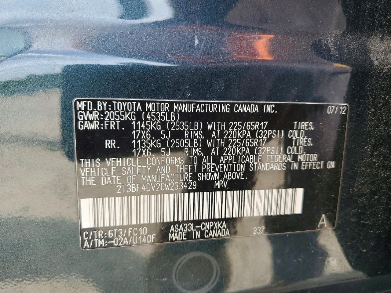 2012 Toyota Rav 4 Black vin: 2T3BF4DV2CW233429