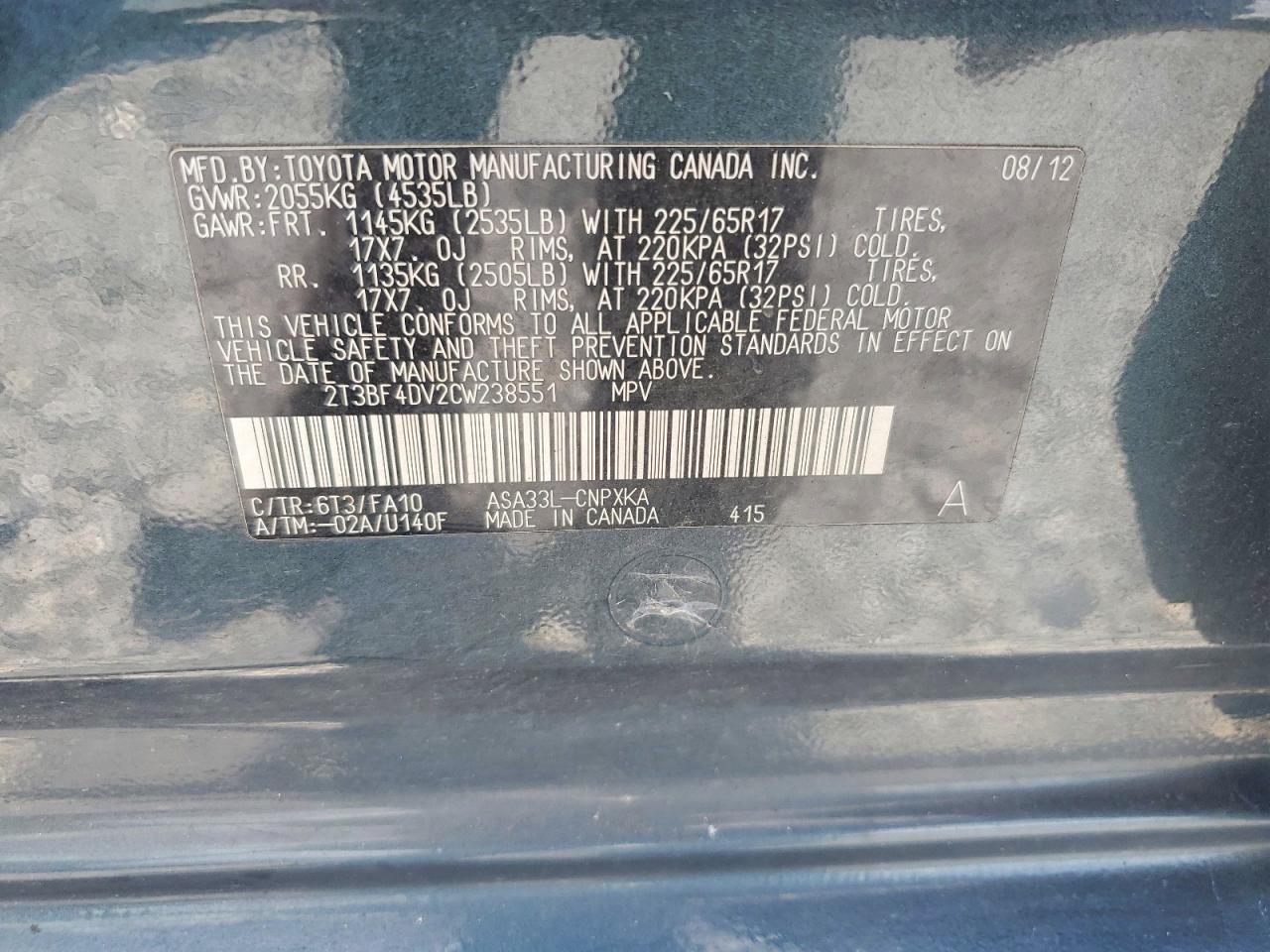 2012 Toyota Rav4 Base Blue vin: 2T3BF4DV2CW238551