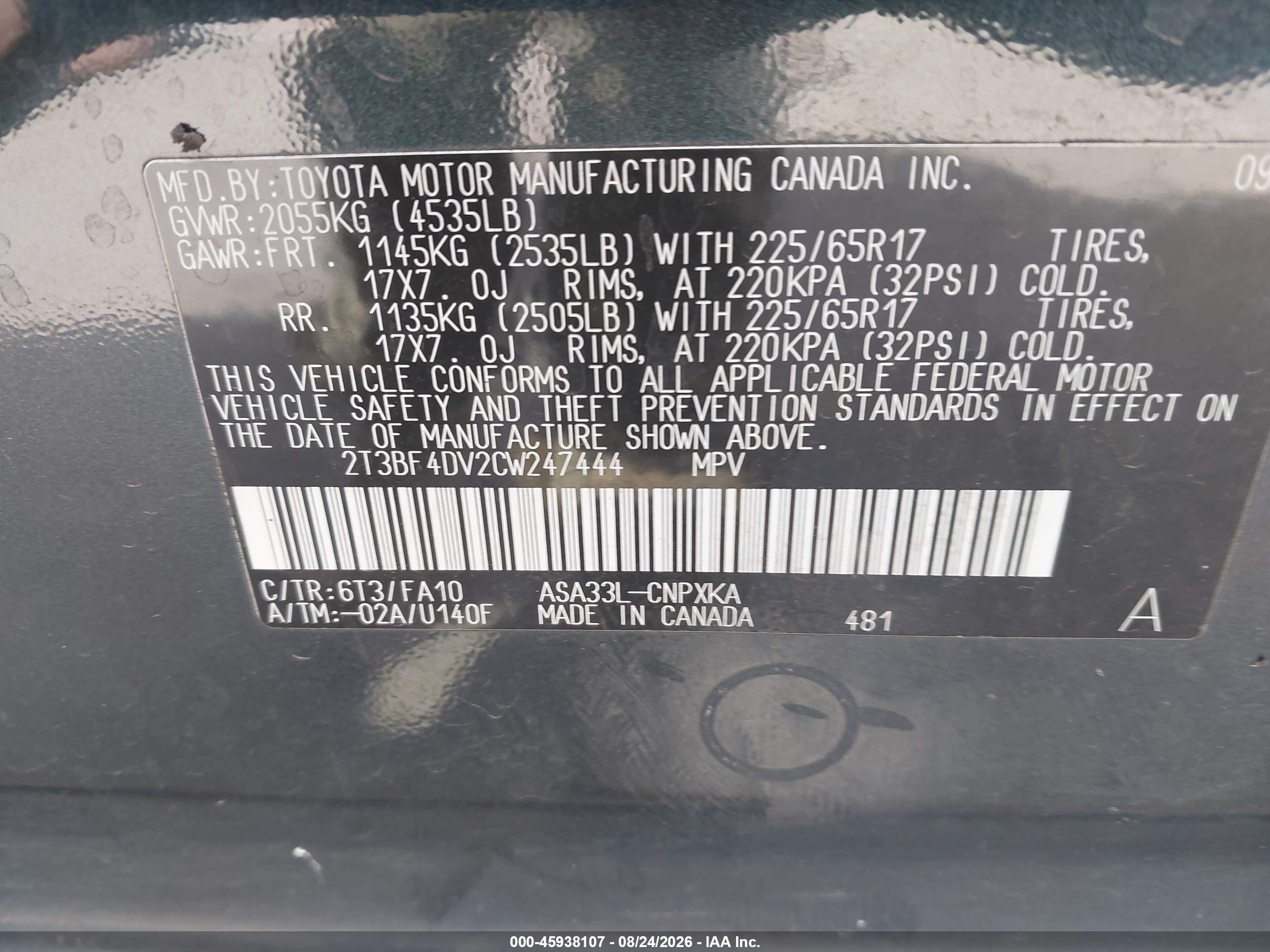 2012 Toyota Rav4   Blue vin: 2T3BF4DV2CW247444