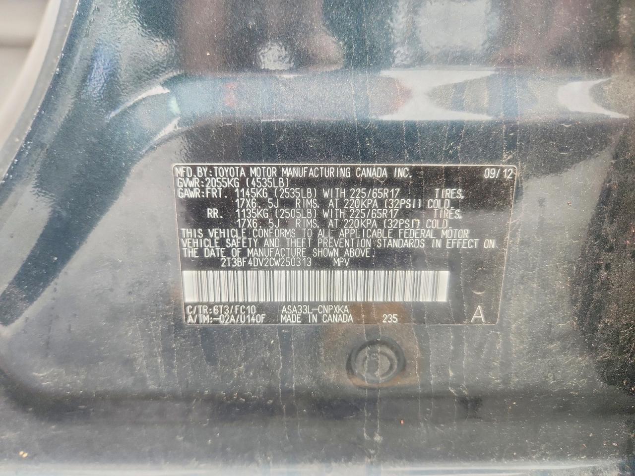 2012 Toyota Rav4 Base Teal vin: 2T3BF4DV2CW250313