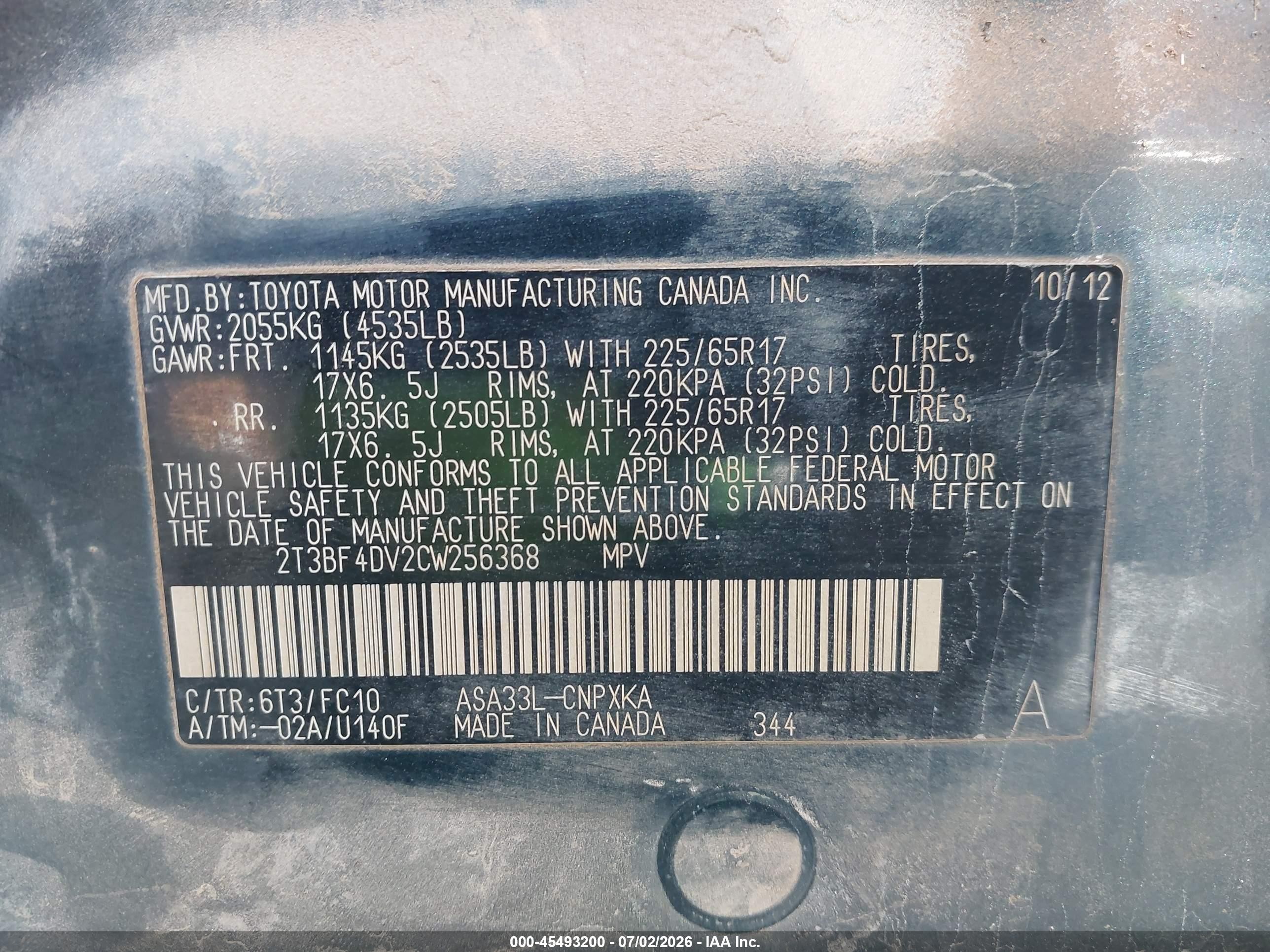 2012 Toyota Rav4   Blue vin: 2T3BF4DV2CW256368