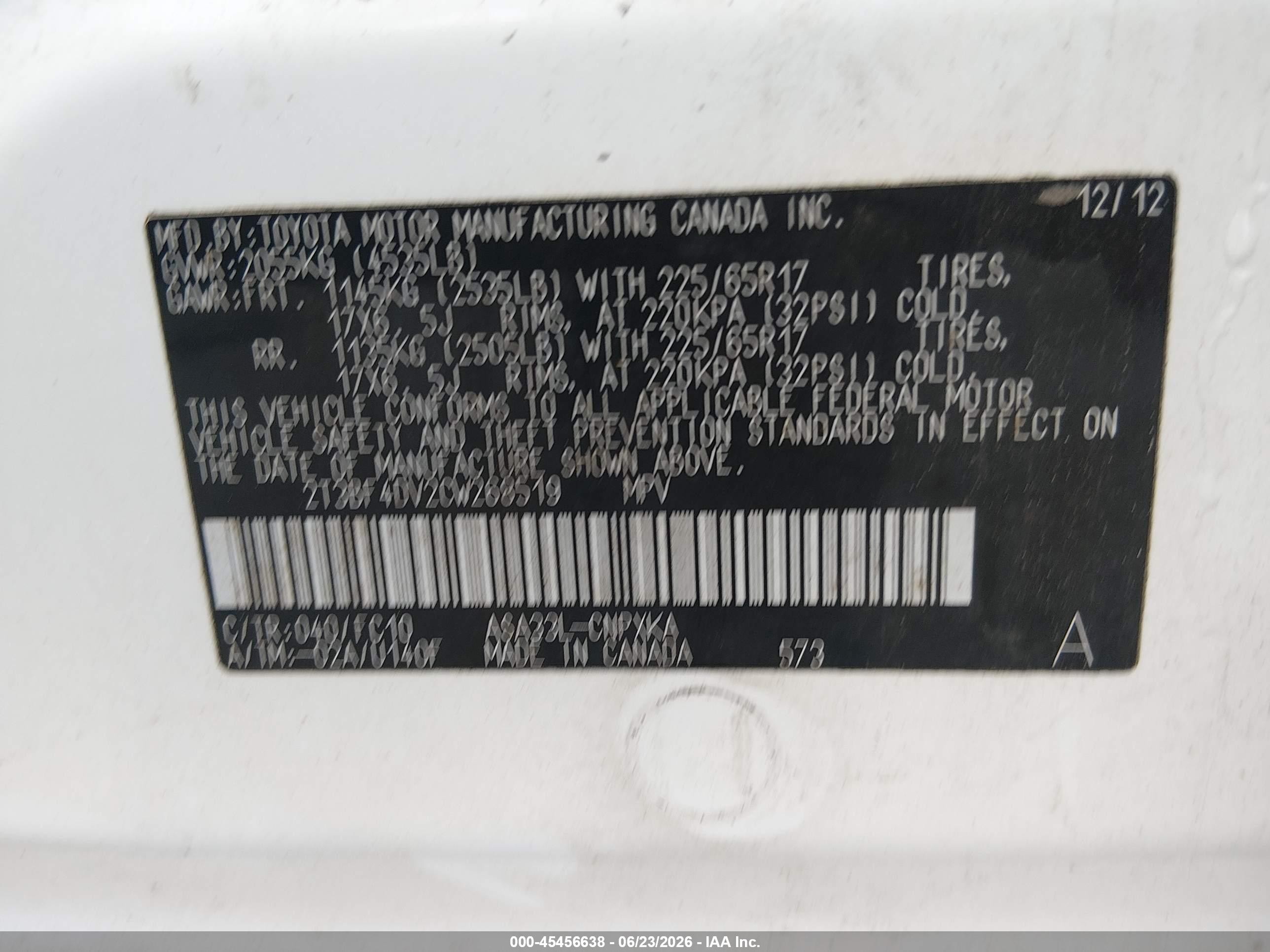 2012 Toyota Rav4   White vin: 2T3BF4DV2CW268519