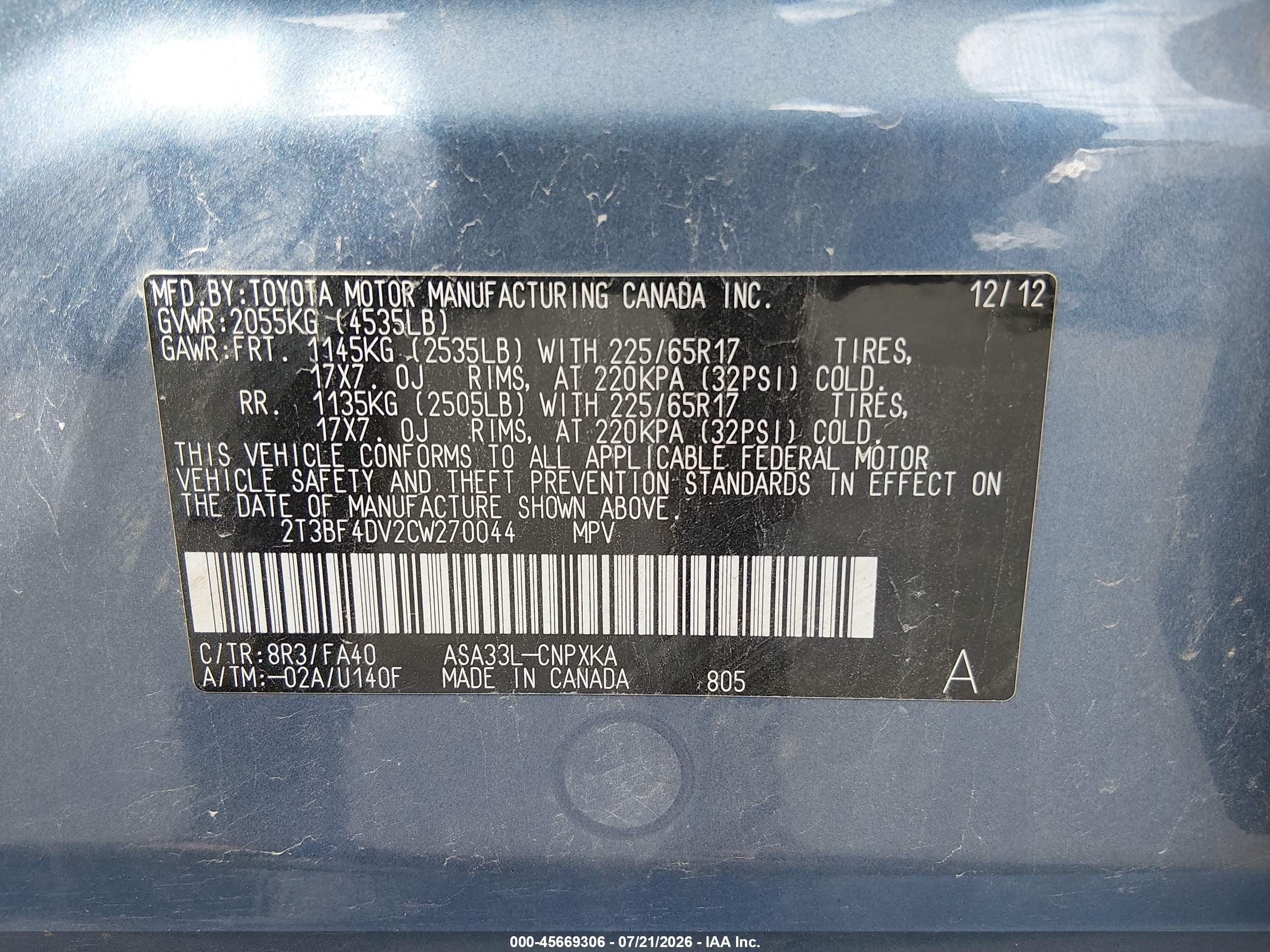 2012 Toyota Rav4 Blue vin: 2T3BF4DV2CW270044