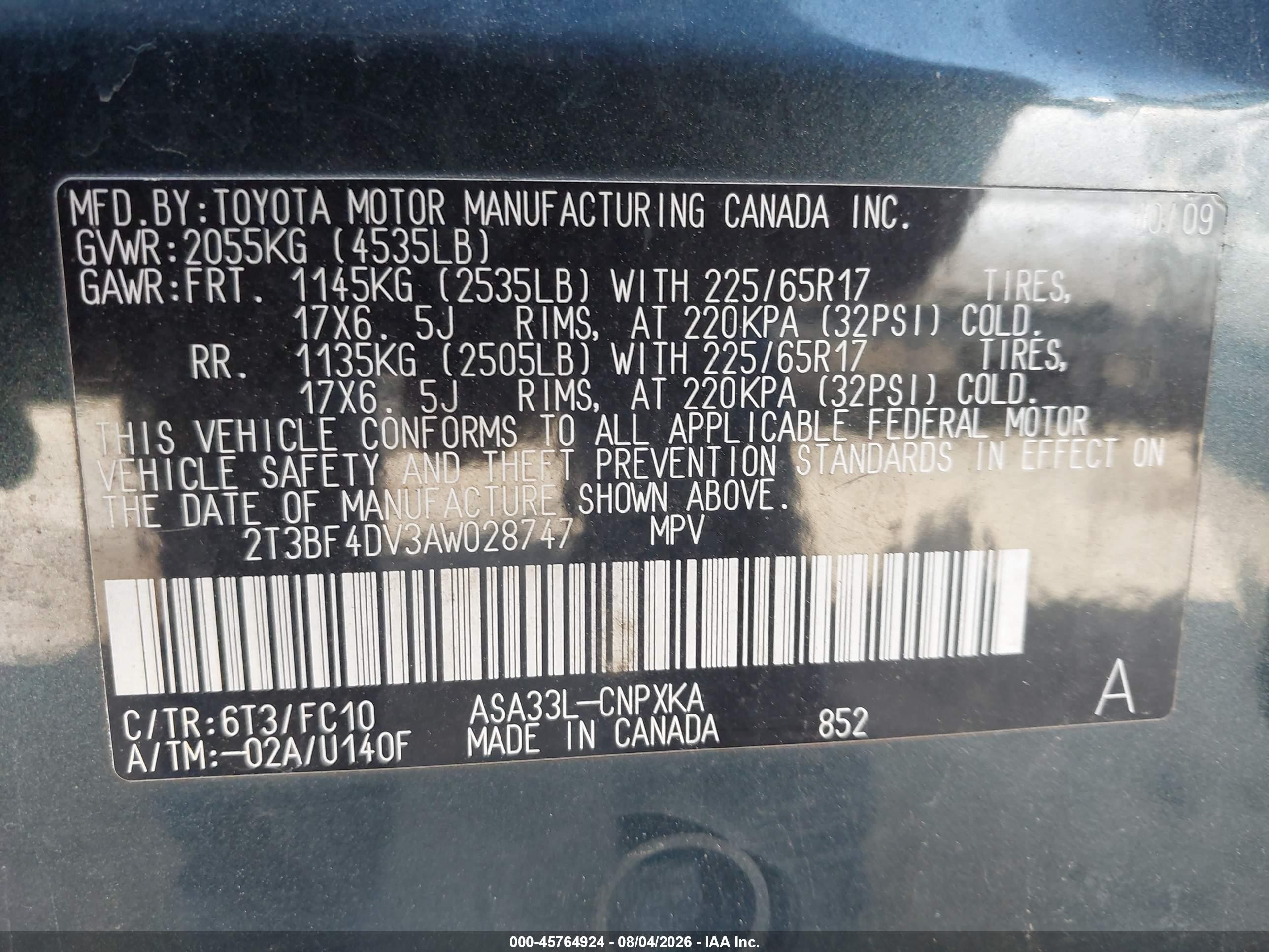 2010 Toyota Rav4   Blue vin: 2T3BF4DV3AW028747