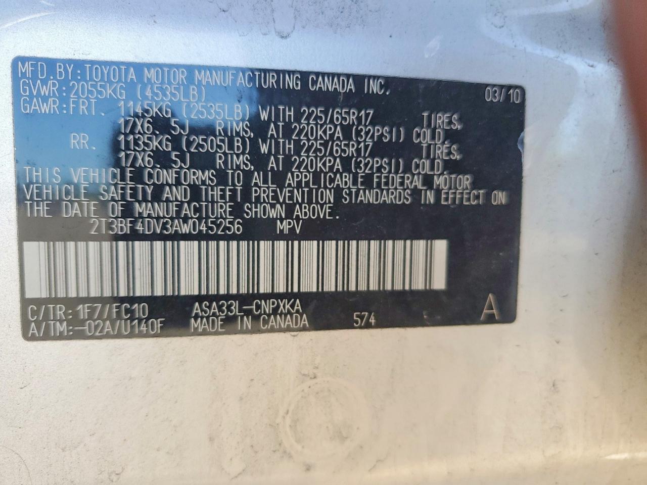 2010 Toyota Rav4 Base Серебряный vin: 2T3BF4DV3AW045256