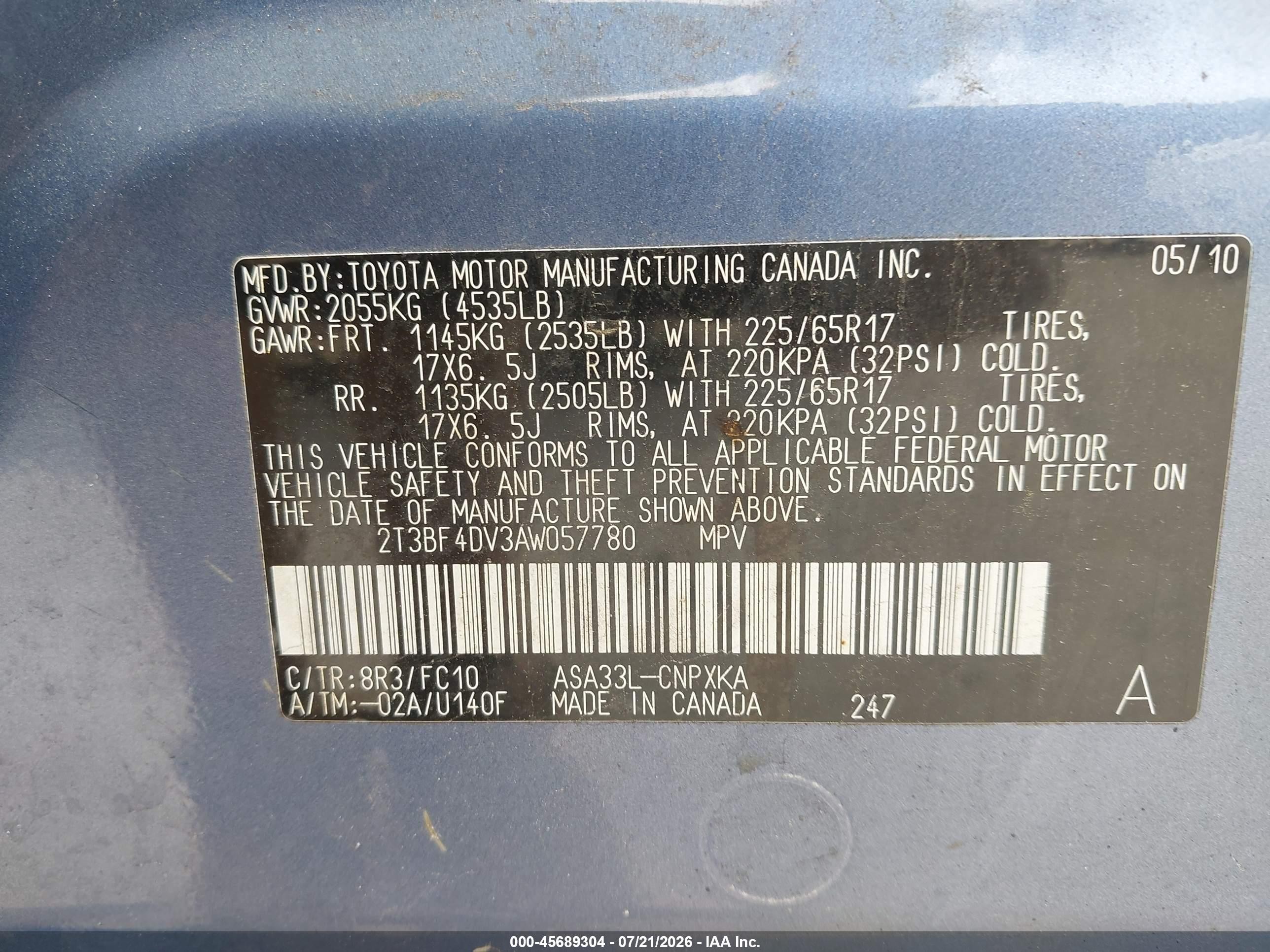 2010 Toyota Rav4 Blue vin: 2T3BF4DV3AW057780