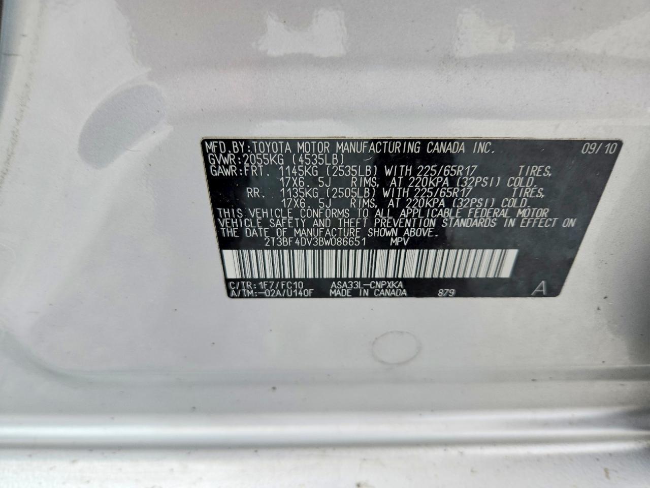 2011 Toyota Rav4 Base Silver vin: 2T3BF4DV3BW086651