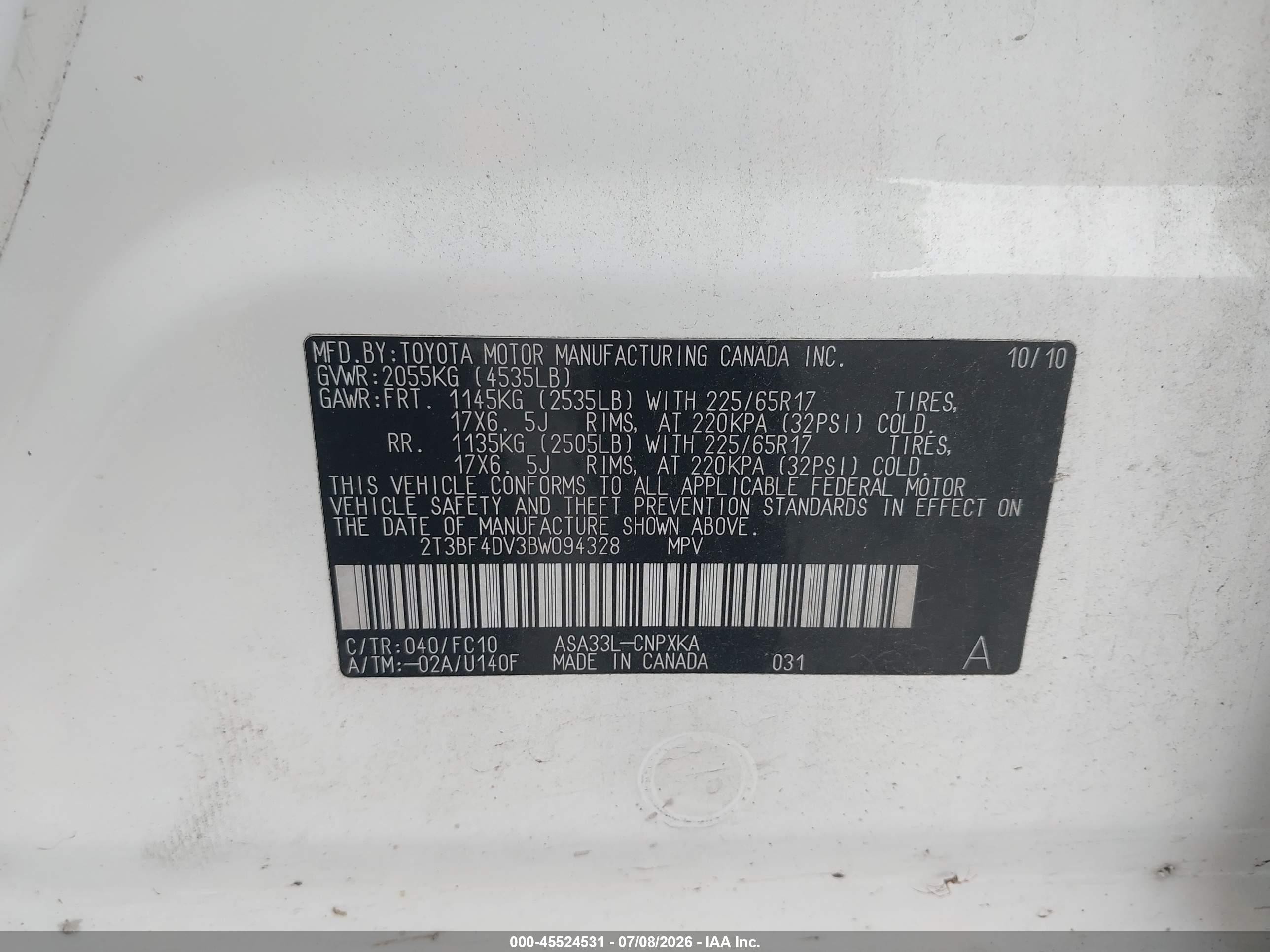 2011 Toyota Rav4   White vin: 2T3BF4DV3BW094328
