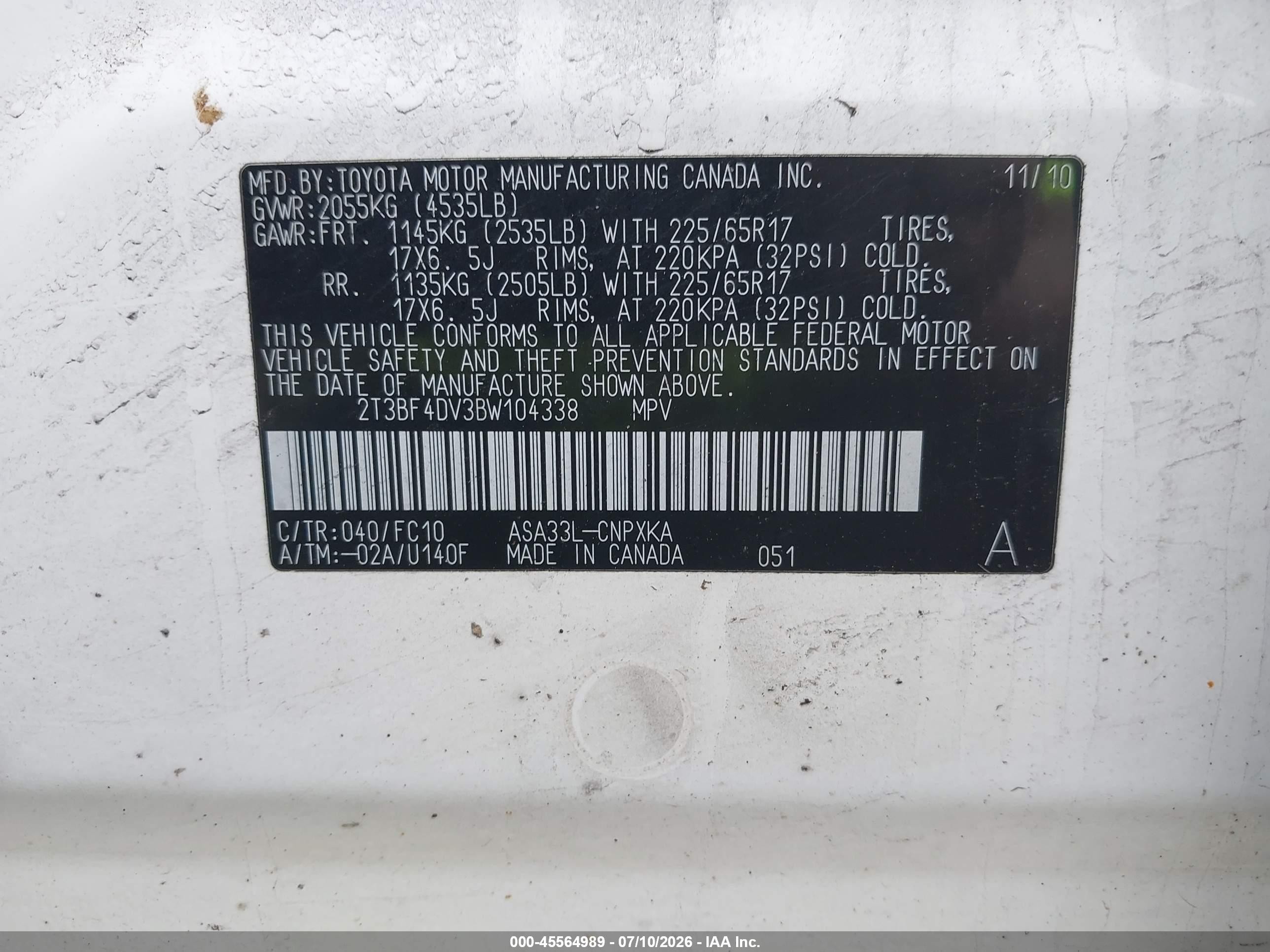 2011 Toyota Rav4   White vin: 2T3BF4DV3BW104338